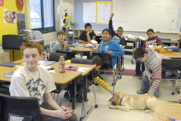 Students in Jen Comber and Colleen Ferran’s sixth-grade class interact with Bea.