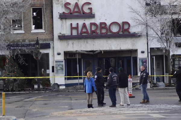 The fire began early Friday morning and destroyed much of the five buildings near the cinema in Sag Harbor. JEN NEWMAN