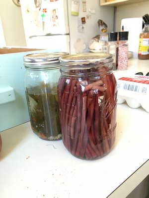 Canned beans and pickles from the Stephenses' garden. LISA DAFFY