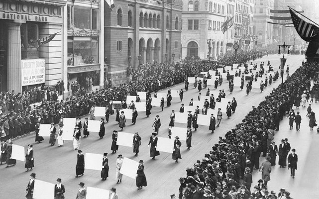 Suffragists parade down Fifth Avenue in New York City in 1917.