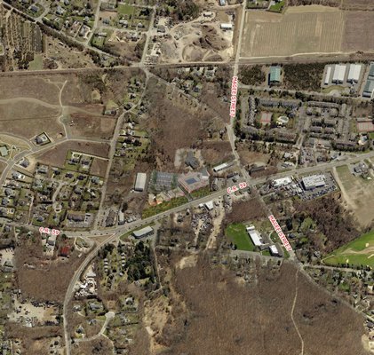 An aerial view of Tuckahoe with the King Kullen shopping center rendered in the location proposed. COURTESY ARAIYS DESIGN