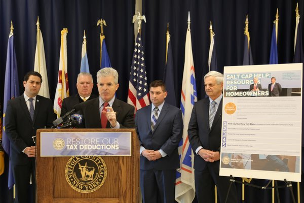 Suffolk County Executive Steve Bellone on March 5 announces a plan to restore SALT deductions. COURTESY OFFICE OF STEVE BELLONE