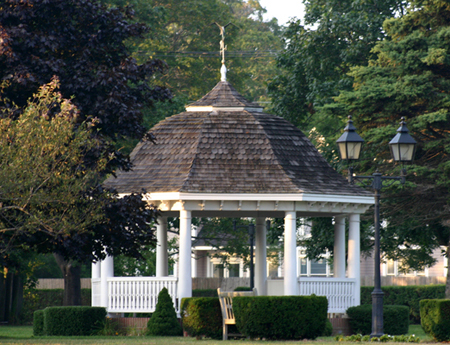 Gazebos, such as the one at the Westhampton Beach Village Green,  are a popular congregating spot.  NEIL SALVAGGIO