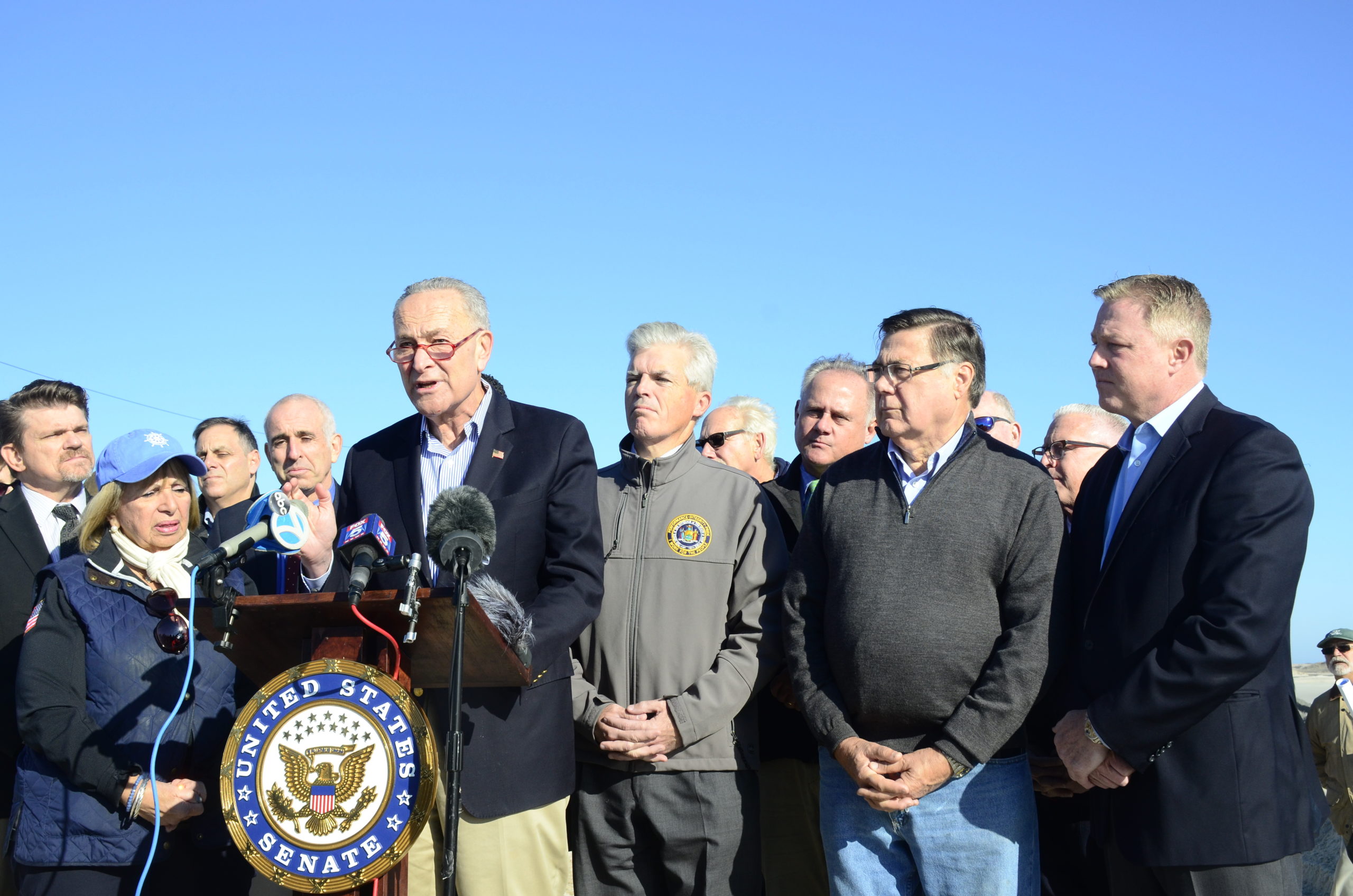U.S. Senator Chuck Schumer joined local leaders in their efforts to get additional dredging in Hampton Bays. GREG WEHNER