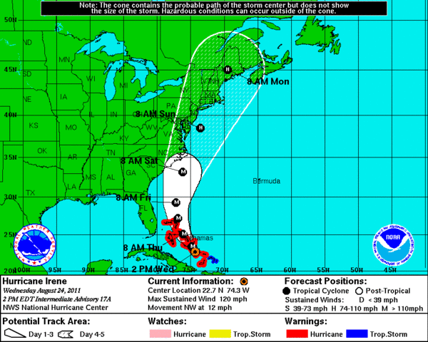 A NOAA and National Weather Service map showing a projected path of Hurricane Irene as of 2 p.m. Wednesday