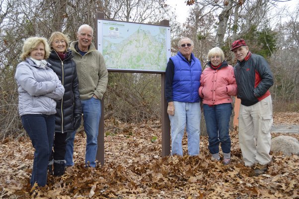 Some members of the Southampton Trails Preservation Society who helped put together the Hamlet to Hamlet trail system at Trout Pond Park in Noyac. From left: Marilyn Kirkbright of Water Mill; Susan Colledge of Southampton; Mark Potter of Sag Harbor; Ken Bieger of North Sea; and Judi and Howard Roth