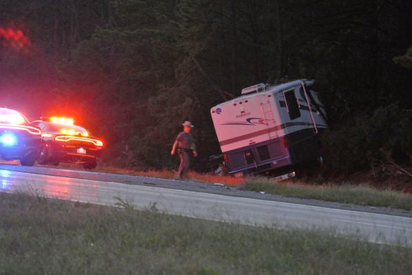 As of 7:30 p.m. on Sunday night state troopers were still on the scene of an accident involving an RV just west of the Hamptons Bays exit. Westbound traffic was being diverted to Route 24.  DANA SHAW