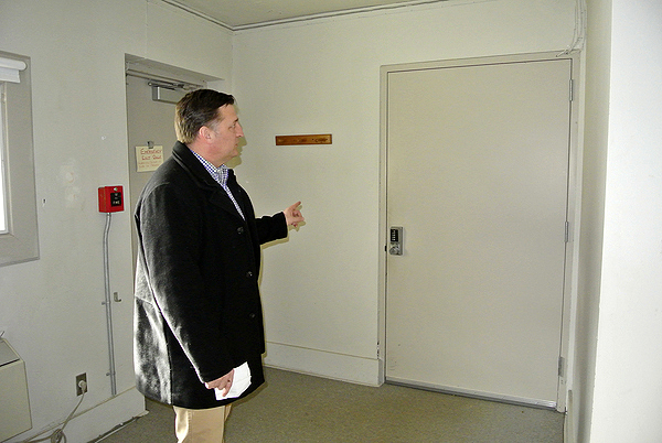 Southampton Village Mayor Mark Epley explains some of the plans for renovating the vacant Parrish Art Museum.  DANA SHAW