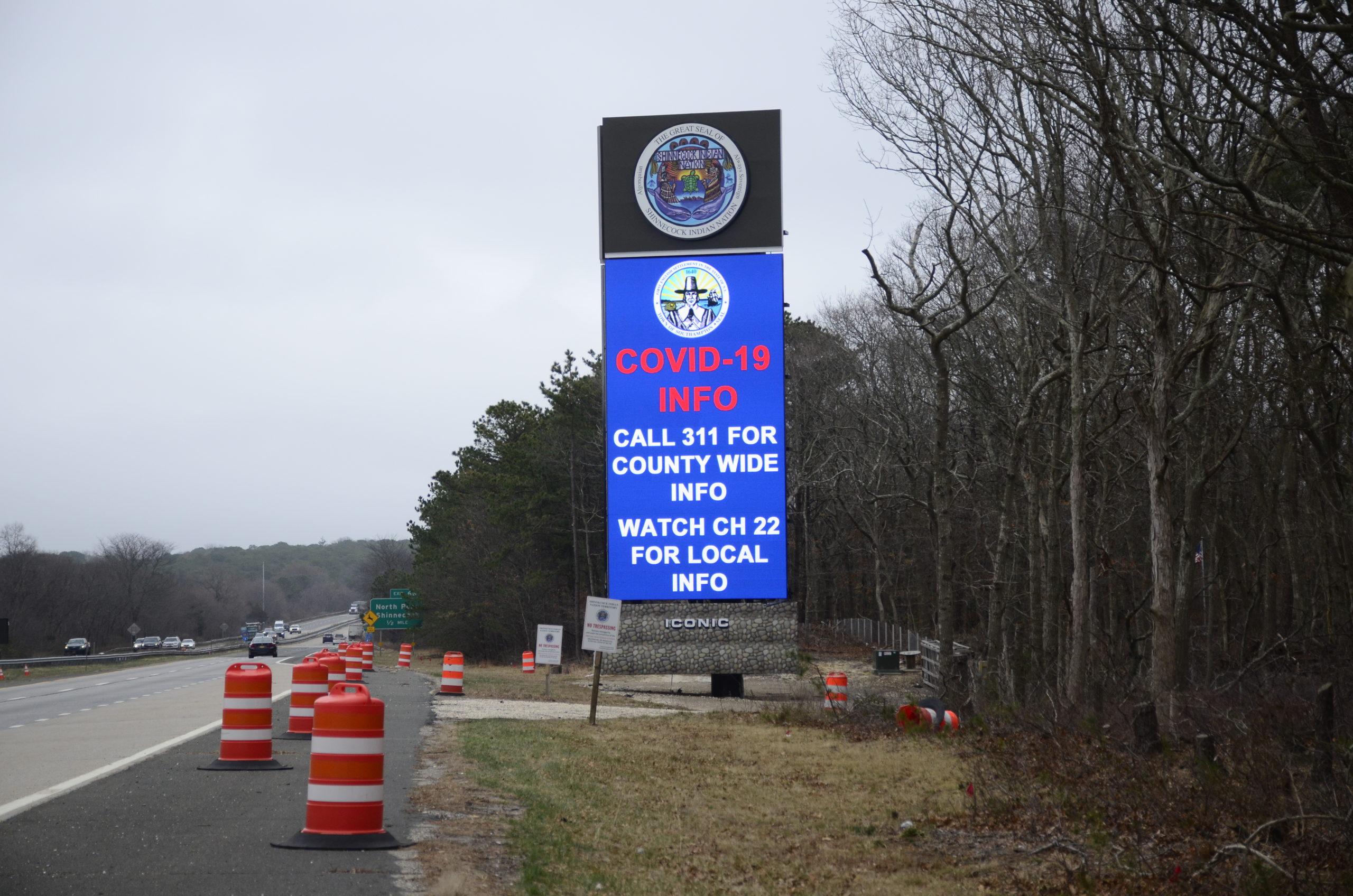 Southampton Town is posting public service announcements on the Shinnecock Nation's sign on Sunrise Highway to keep people informed about the COVID-19 outbreak. GREG WEHNER