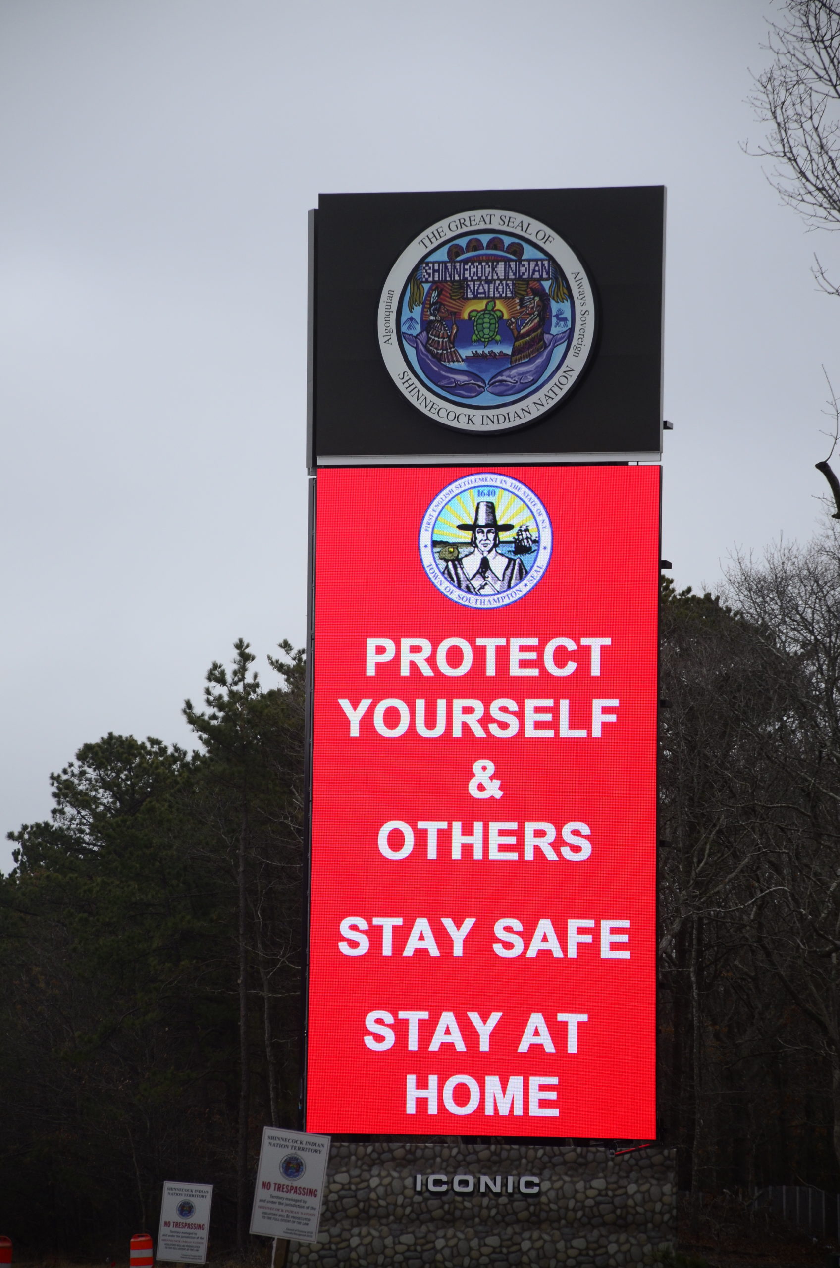 Southampton Town began posting public service announcements on the Shinnecock Nation's sign on Sunrise Highway to keep people informed about the COVID-19 outbreak. GREG WEHNER