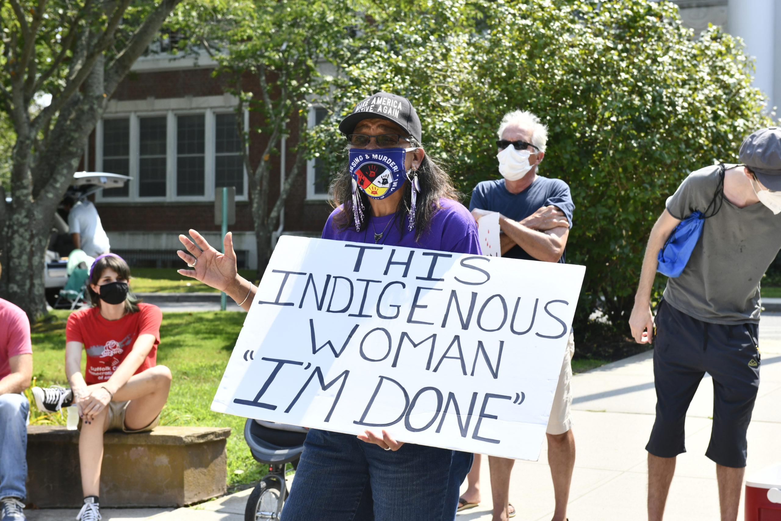 Jennifer E. Cuffee-Wilson of the Shinnecock Nation at a protest in front of Town Hall in August.  DANA SHAW