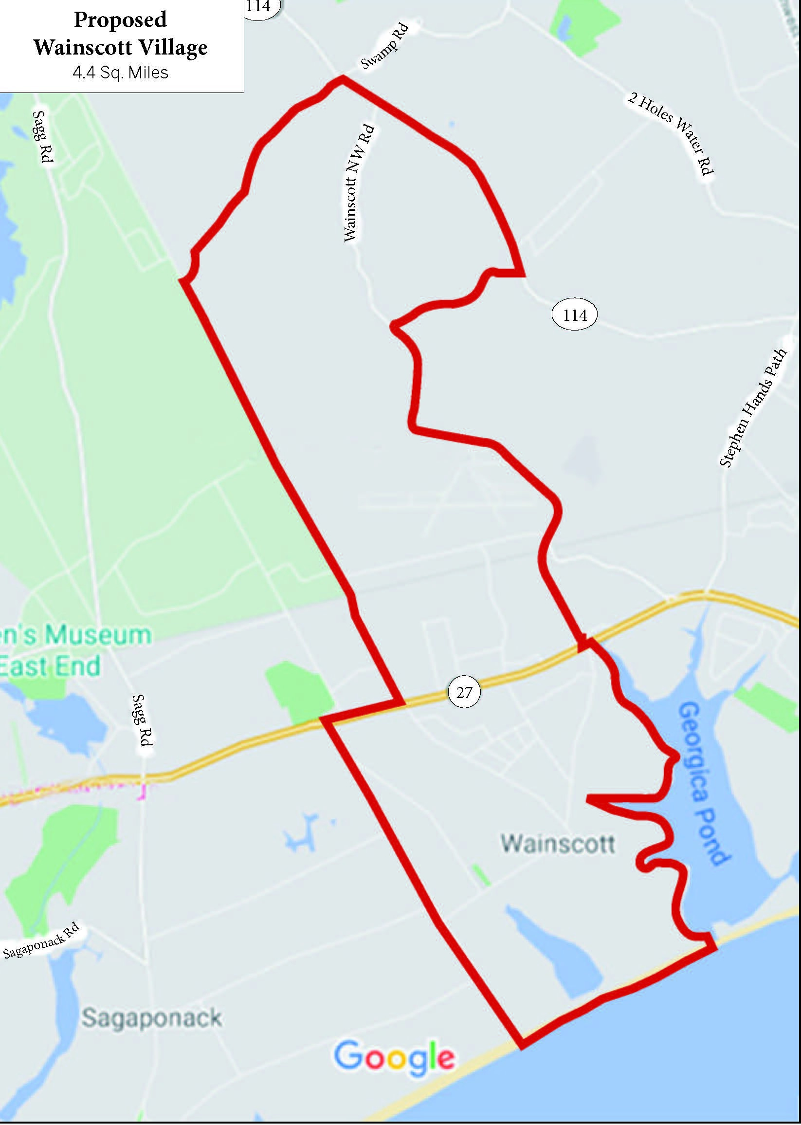 The new proposed boundaries for an incorporated villlage of Wainscott total just 4.4 miles and have cut more than two square miles of the current hamlet's eastern reaches in order to comply with state requirements for incorporation.