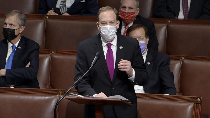 U.S. Representative Lee Zeldin speaking on the floor of the House of Representatives before voting against accepting the results of the Electoral College on January 6.