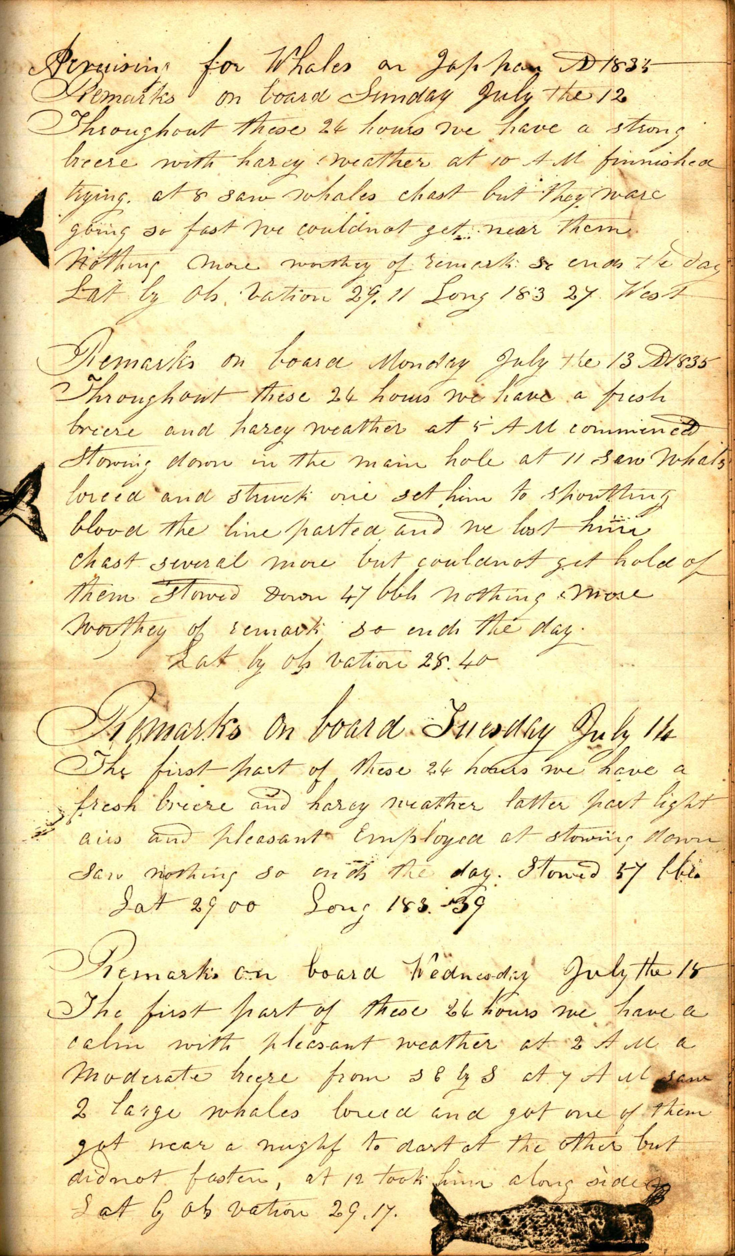 A page from the whaling log of the ship, Daniel Webster  on a voyage from Sag Harbor to the Pacific, 20 August 1833 - 12 May 1837 (dates contained in this journal are 27 August 1833 - 19 September 1833); owned by E. Mulford of Sag Harbor, commanded by Captain Philetus Pierson.  COURTESY OF THE EAST HAMPTON LIBRARY, LONG ISLAND COLLECTION