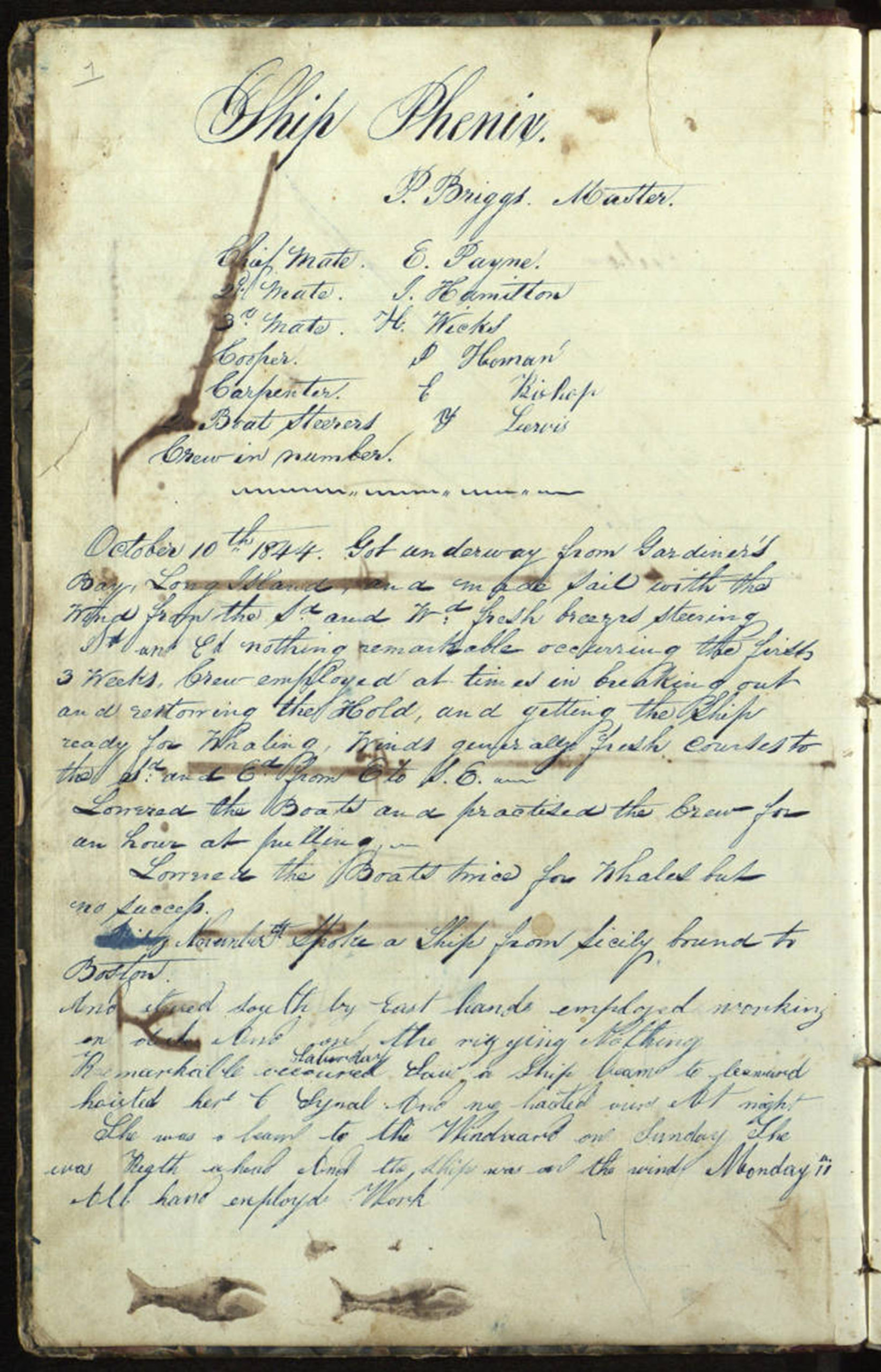 Pages from the whaling ship Phenix, on a voyage from Sag Harbor to the Northwest Coast, 10 October 1844 to 5 June 1847 (dates contained in this journal are 10 October 1845 - 4 July 1846, 10 March 1847 - 13 March 1847); owned by Cook & Green, commanded by Captain Samuel Percival Briggs. Journal abruptly ends, briefly picked up again for a few days in March 1847. The rest of the log contains  poems and sketches of buildings a schoolhouse in East Hampton  and churches in East Hampton and Sag Harbor.   COURTESY  EAST HAMPTON LIBRARY, LONG ISLAND COLLECTION