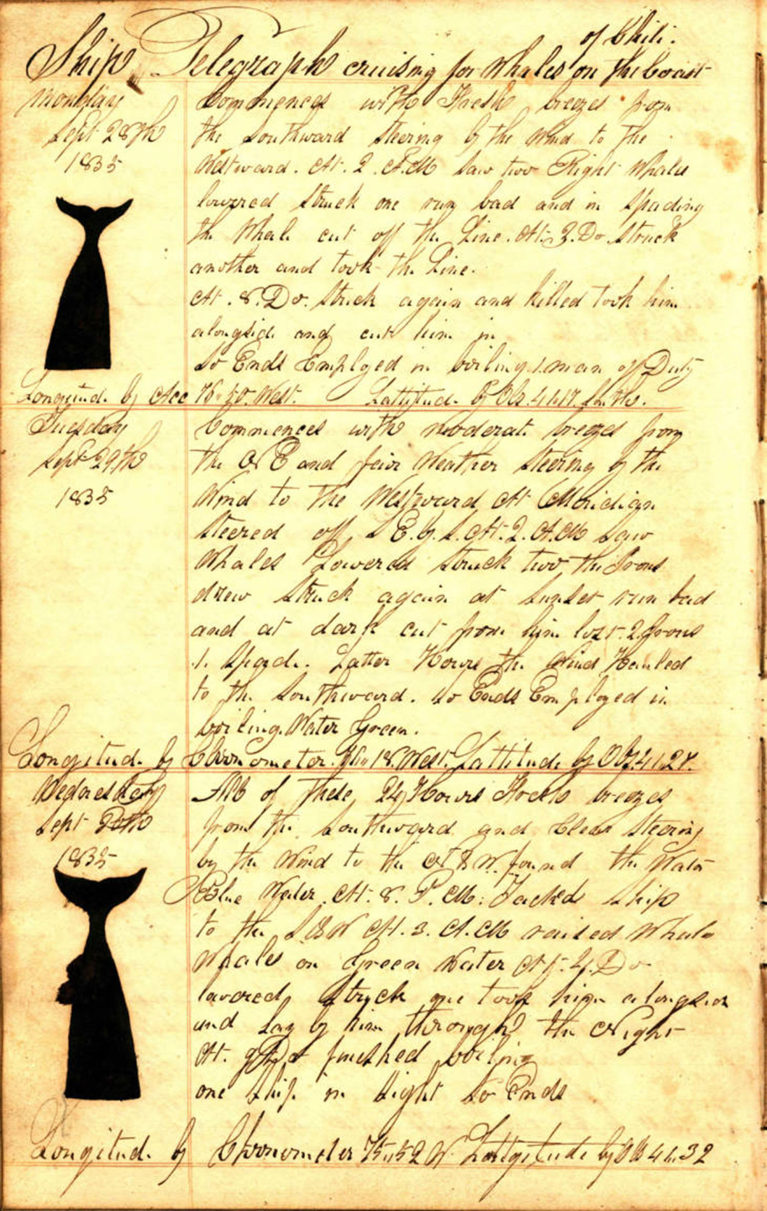 A page taken from the whaling ship Telegraph, on a voyage from Sag Harbor to the South Atlantic Ocean and Oceania, 21 October 1834 - 21 May 1836.    COURTESY EAST HAMPTON LIBRARY, LONG ISLAND COLLECTION