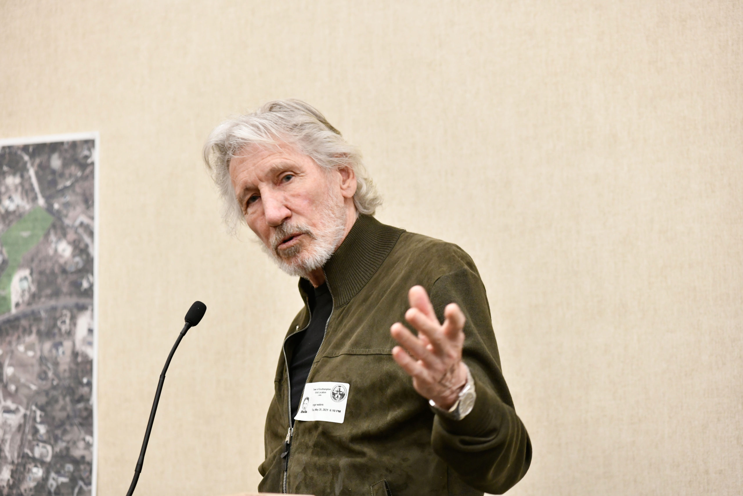 Roger Waters speaks at Tuesday's Southampton town Board meeting.  DANA SHAW