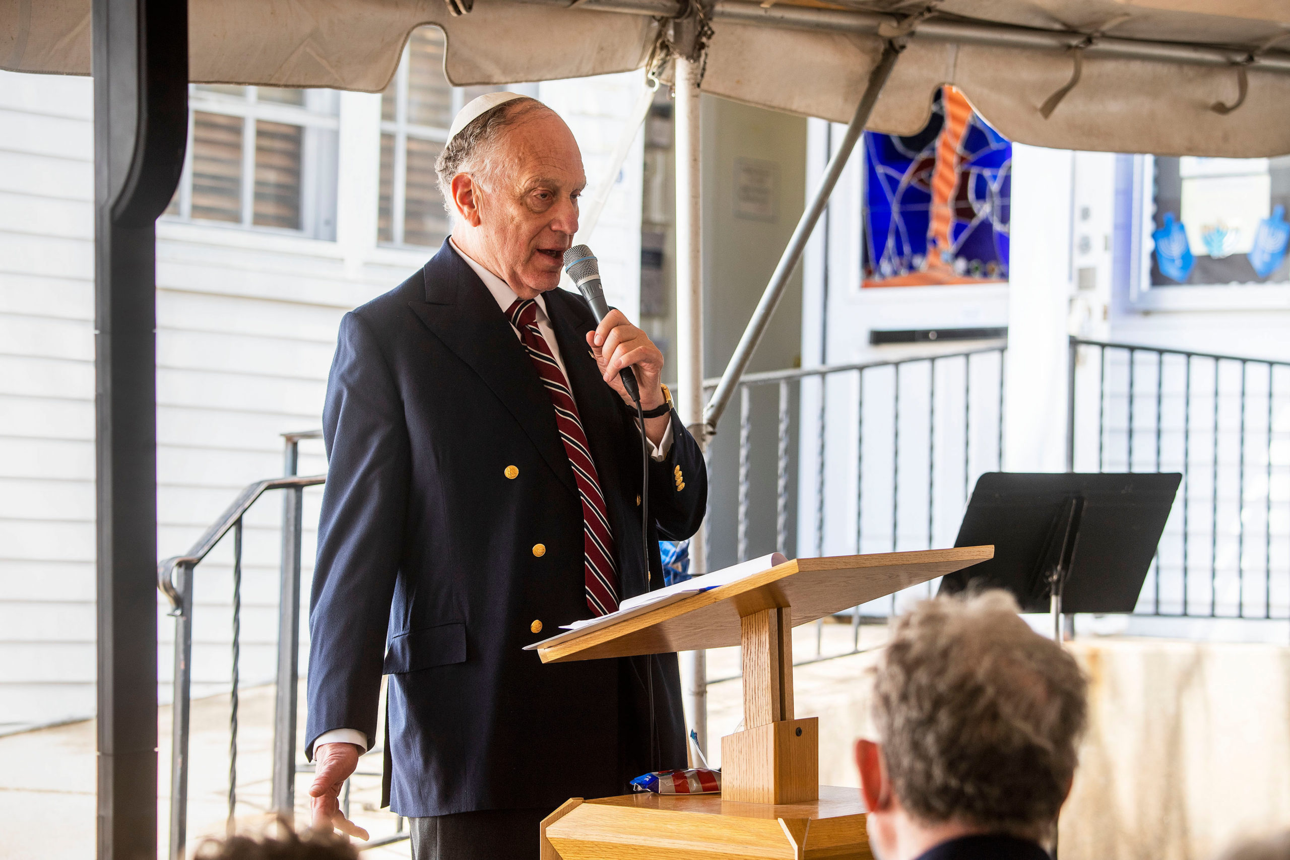 Temple Adas Israel benefactor Ronald S. Lauder makes remarks during a groundbreaking ceremony for a new addition to the temple that was held in the parking lot of the temple on Sunday morning.     MICHAEL HELLER