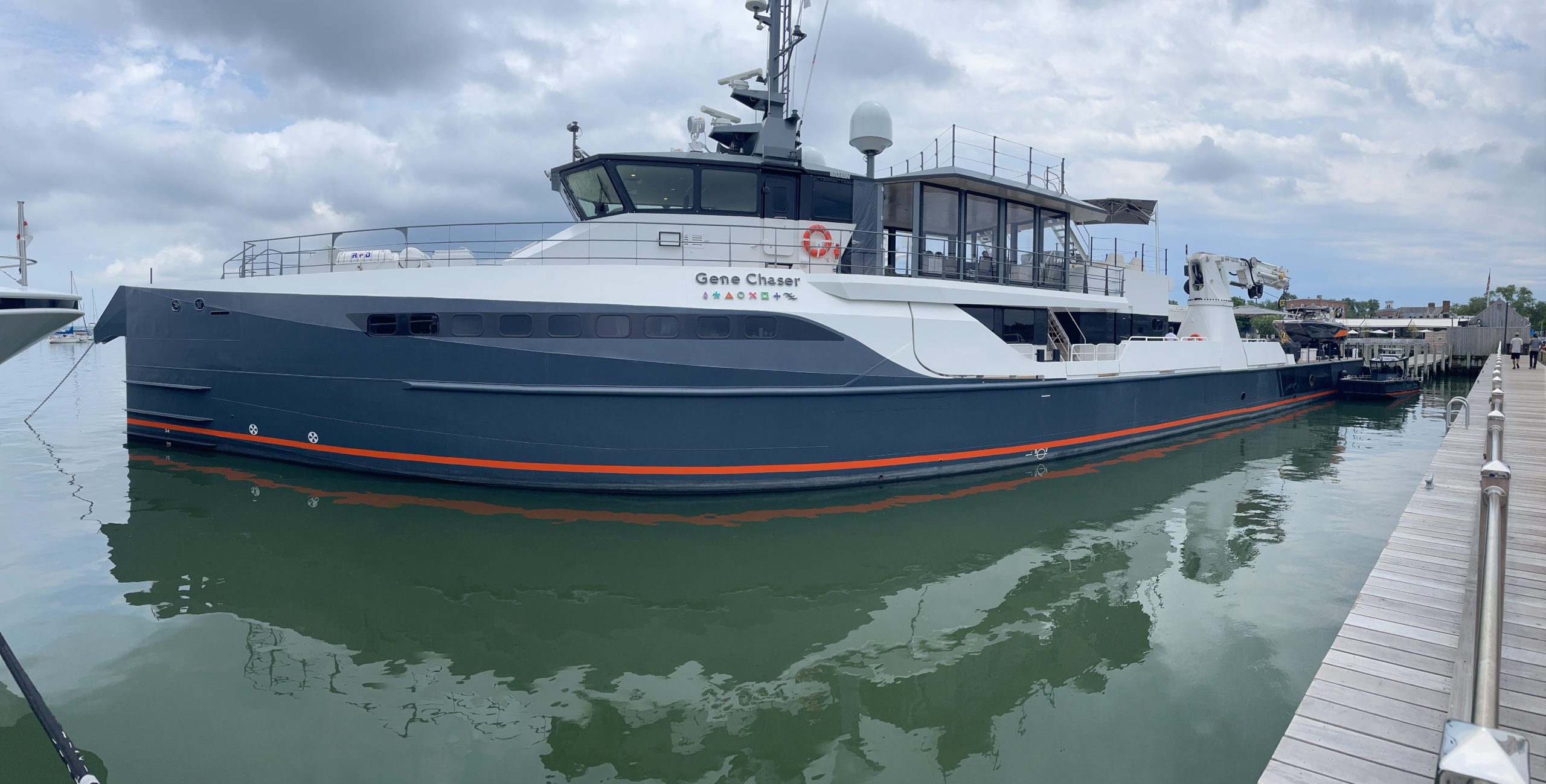 The Gene Chaser, which is moored in Sag Harbor this week, was set up by owner by Jonathan Rothberg to be a floating scientific incubator for medical startups. The 180-foot yacht is outfitted with science labs, 3D-printers and gene sequencing machines, along with a plethora of recreational 