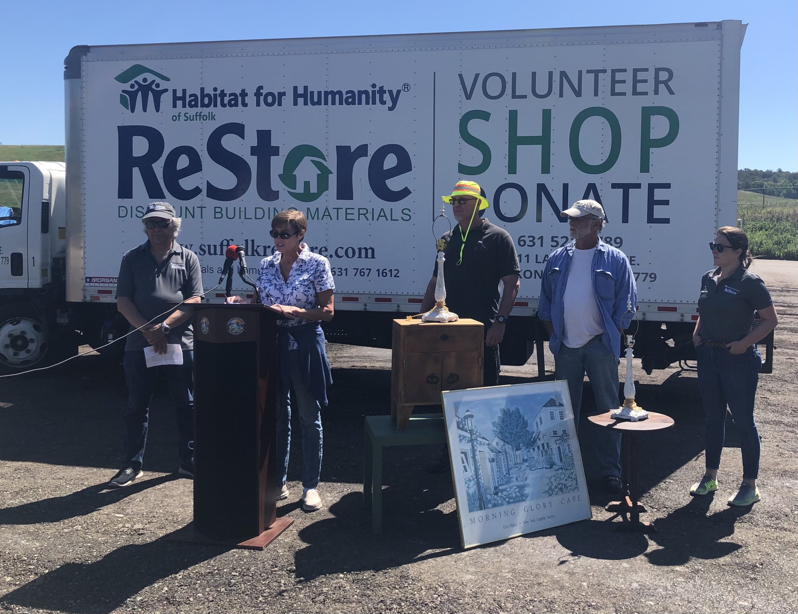 Habitat for Humanity CEO Lee Silberman, Southampton Town Councilwoman Julie Lofstad, Environmental facilities Manager Ed Thompson, Richard Casabianca,  and Restore donations Manager Courtney Collins at the program's inaugural day at the North Sea Transfer Station. COURTESY SOUTHAMPTON TOWN
