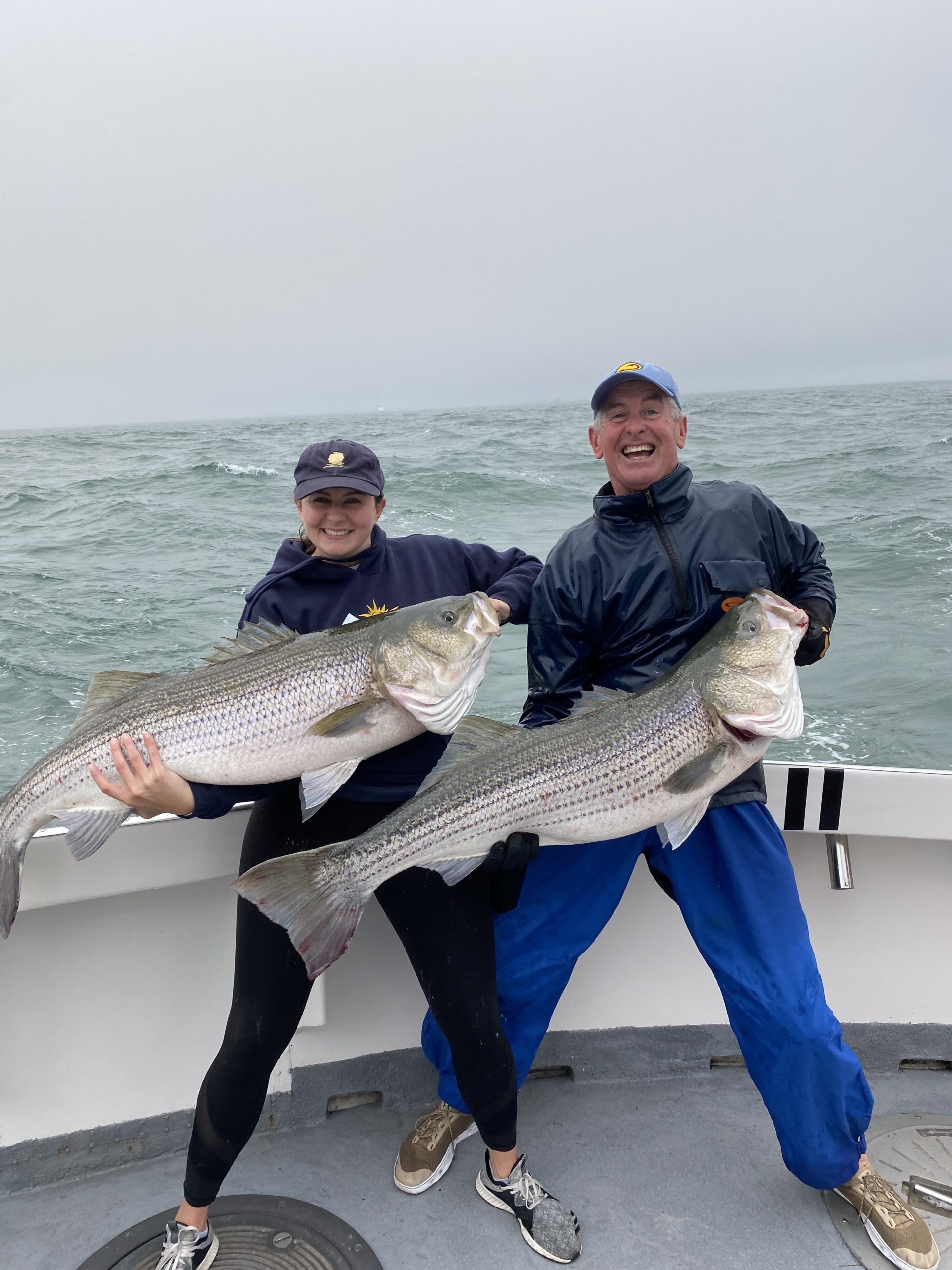 Mark Borucke celebrated his 60th birthday with his daughter Skylar and these two fat Montauk striped bass aboard the Susie E II last week.