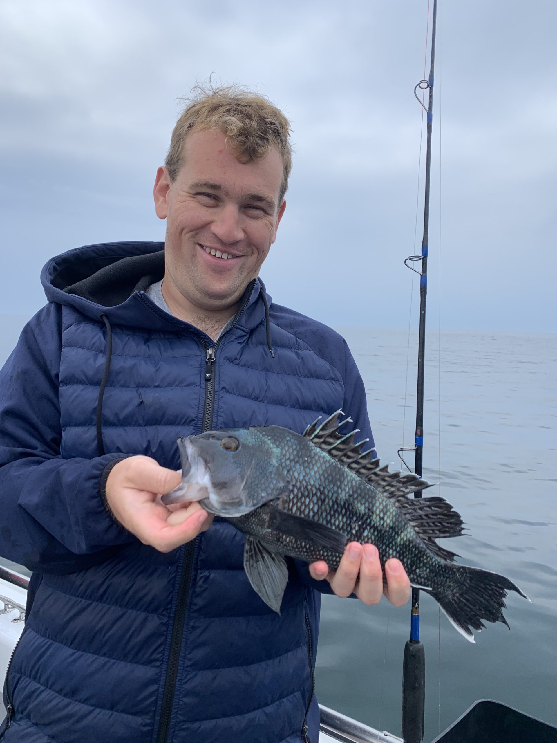 Matt Panagos of Southampton caught this brightly colored black sea bass he caught aboard the Shinnecock Star last week.  Deena Lippman
