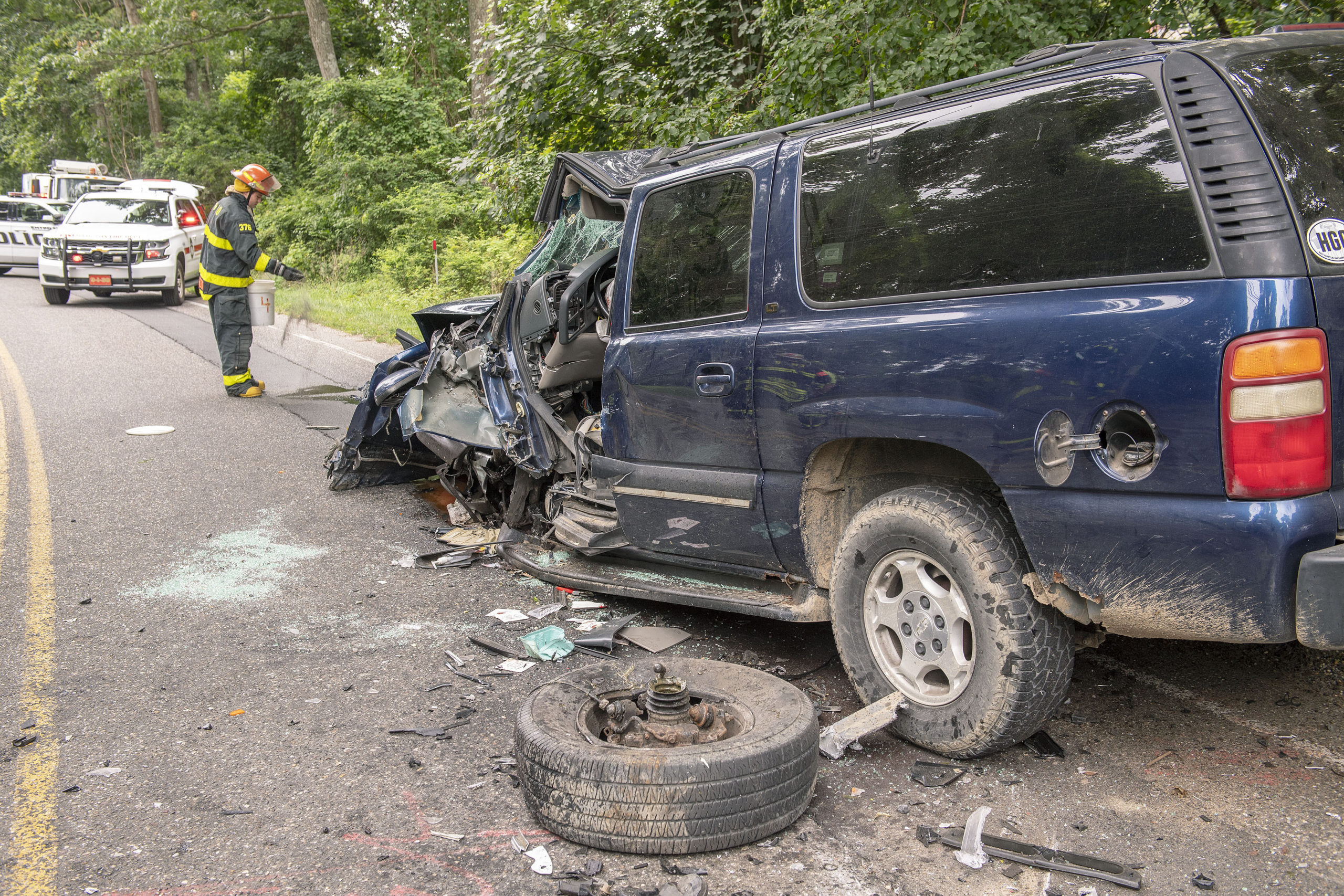 The driver of one of two SUVs that collided head-on near the intersetion of Stephen Hands Path and Two Holes of Water Road had to be cut out of his vehicle by East Hampton Fire Department's Heavy Rescue Squad.
