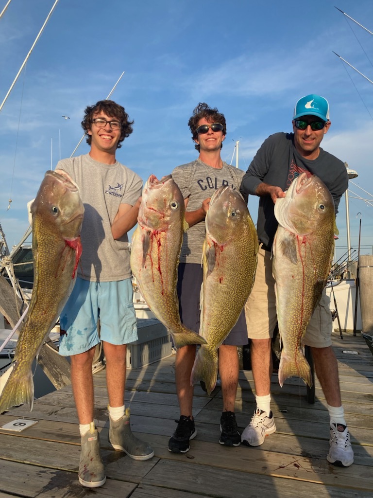 Max Polsky, Matt Brown and George Polsky with a brace of bruiser tilefish they caught recently out of Montauk.  Chris Miller