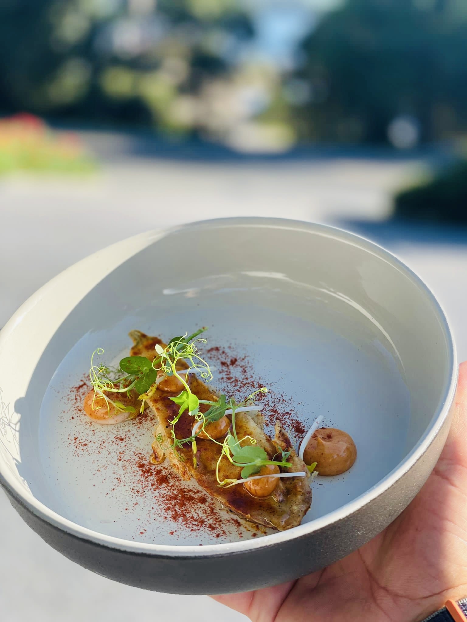 Crispy eggplant with honey, smoked paprika and citrus oil, as part of the R.AIRE dining experience at The Hampton Maid in Hampton Bays.