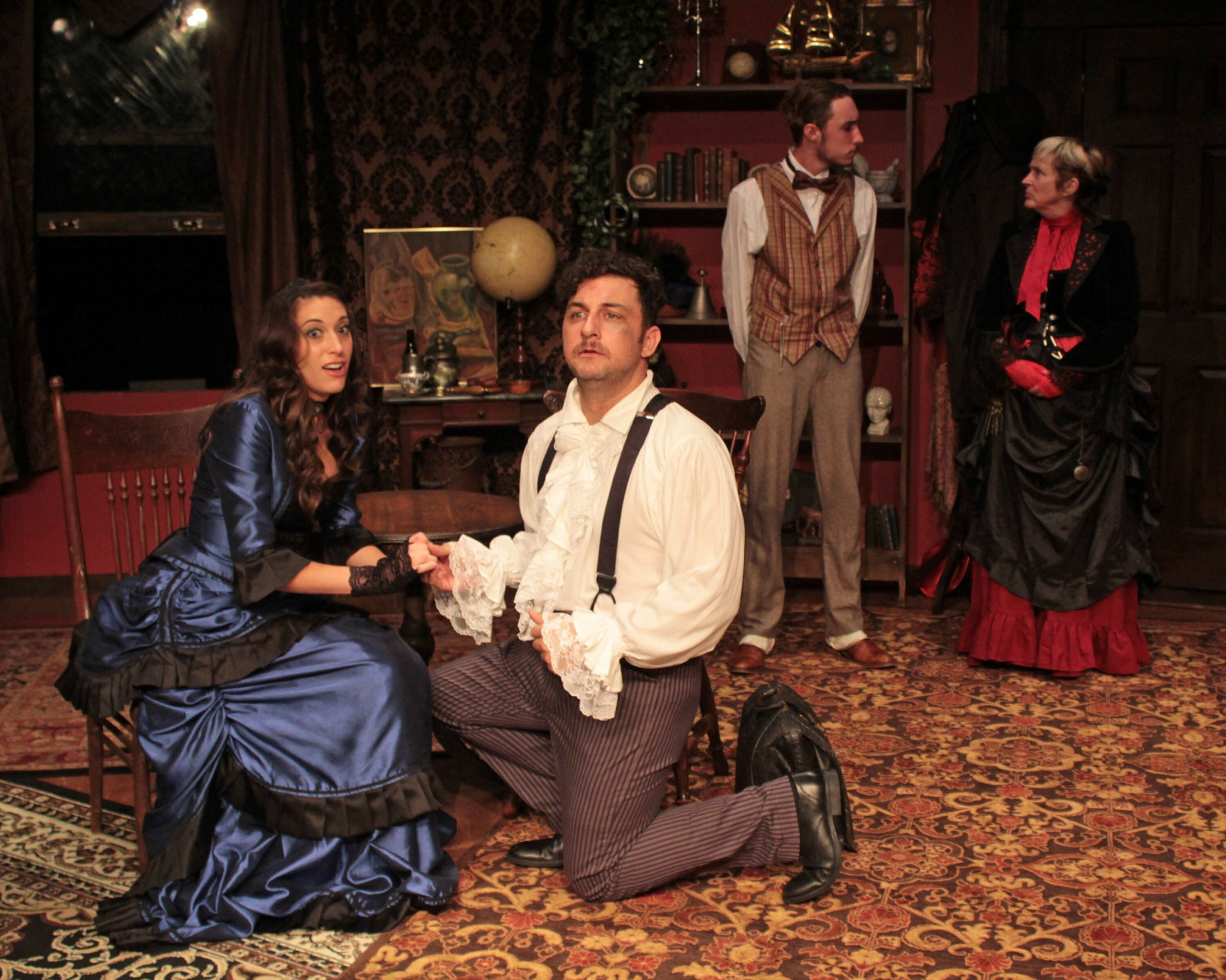 From left, Alyssa Kelly, Tom Rosante, Lance Schroeder and Bonnie Grice in “Sherlock’s Secret Life” at SCC.