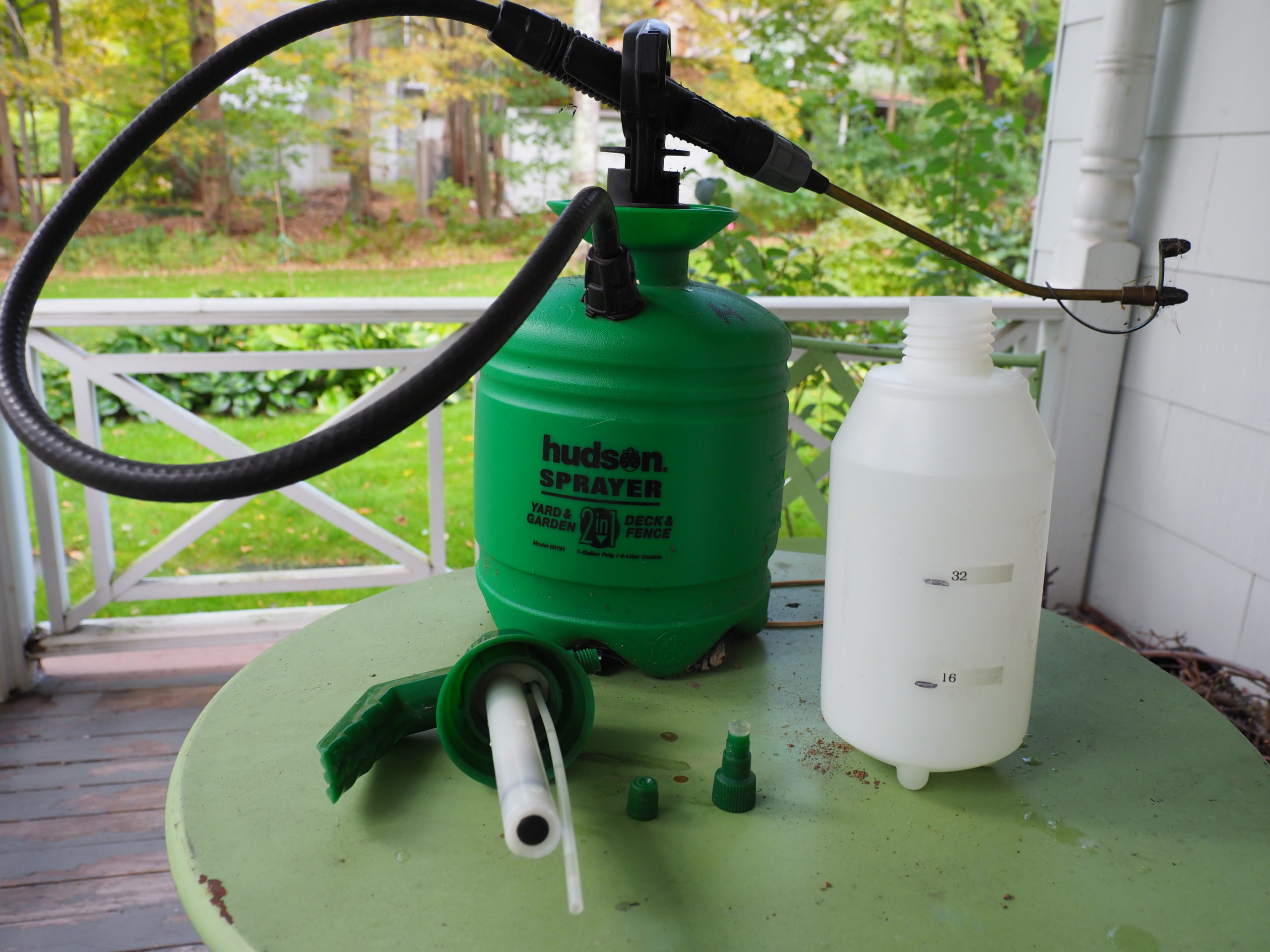 At the end of the gardening season it’s critical to clean and inspect any garden sprayers you have. Flush the tank, clean and clear the nozzle, then put water in the tank and pressurize to listen and watch for leaks.  The smaller sprayer on the right has nearly invisible marks for liquid level guides.  Make your own with a permanent marker or label maker.