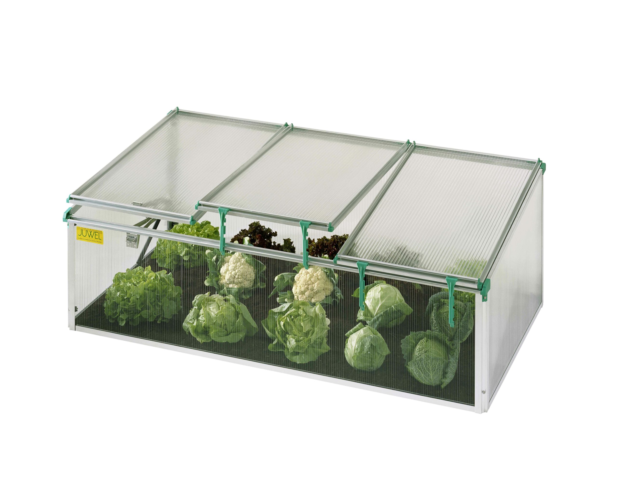 The Juwel Biostar 1500 cold frame can be used for starting seedlings, hardening off, propagation, year-round vegetable crops and much more.  About 5 feet long and nearly 3 feet wide, it comes with one automatic vent and clips to keep the other two sashes open for venting as needed.  Made with 8mm polycarbonate glazing, it’s one of if not the best pre-fab cold frames.