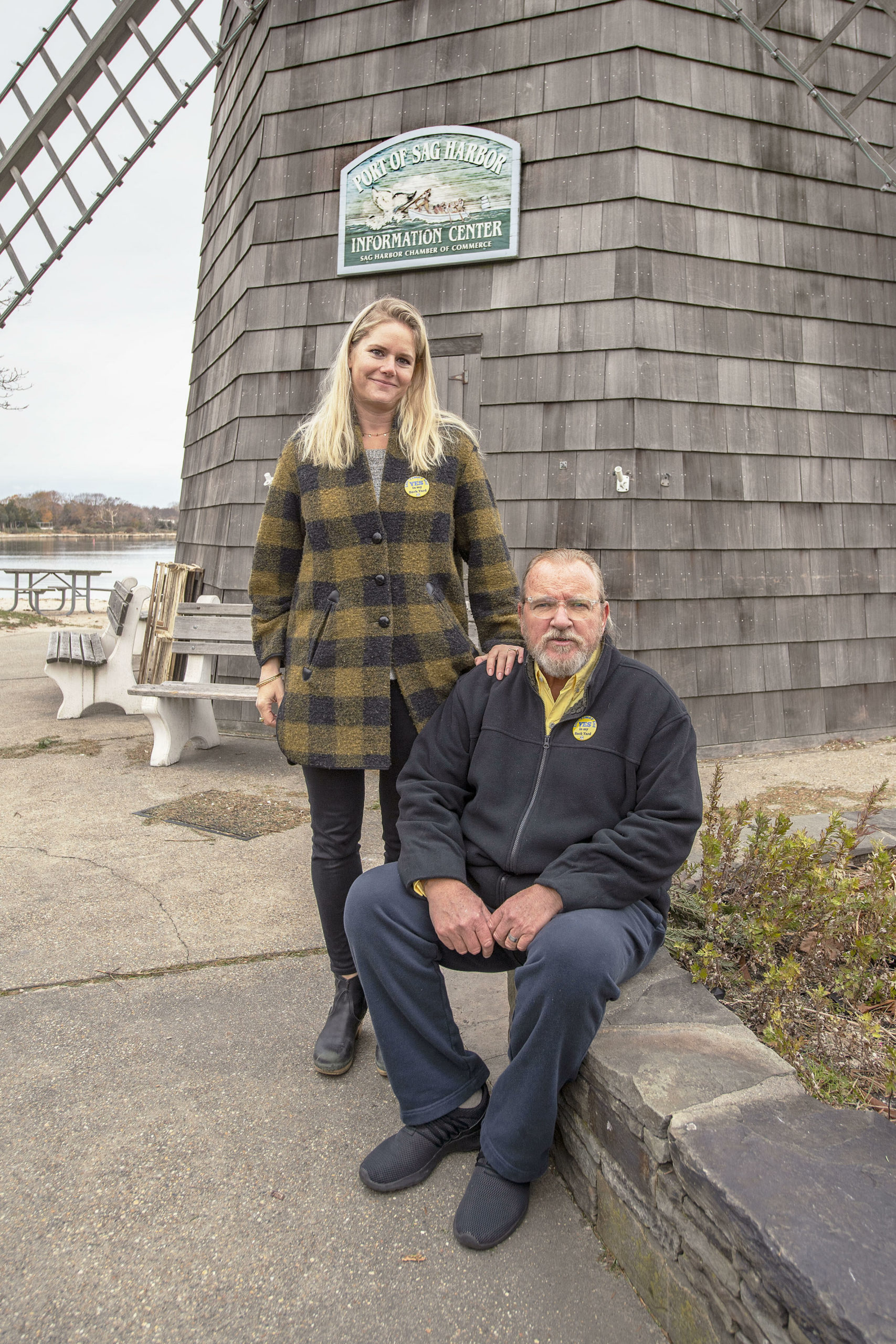 Bryony Freij and Michael Dally, organizers behind Saturday's East End YIMBY rally for affordable housing, on Long Wharf in Sag Harbor.