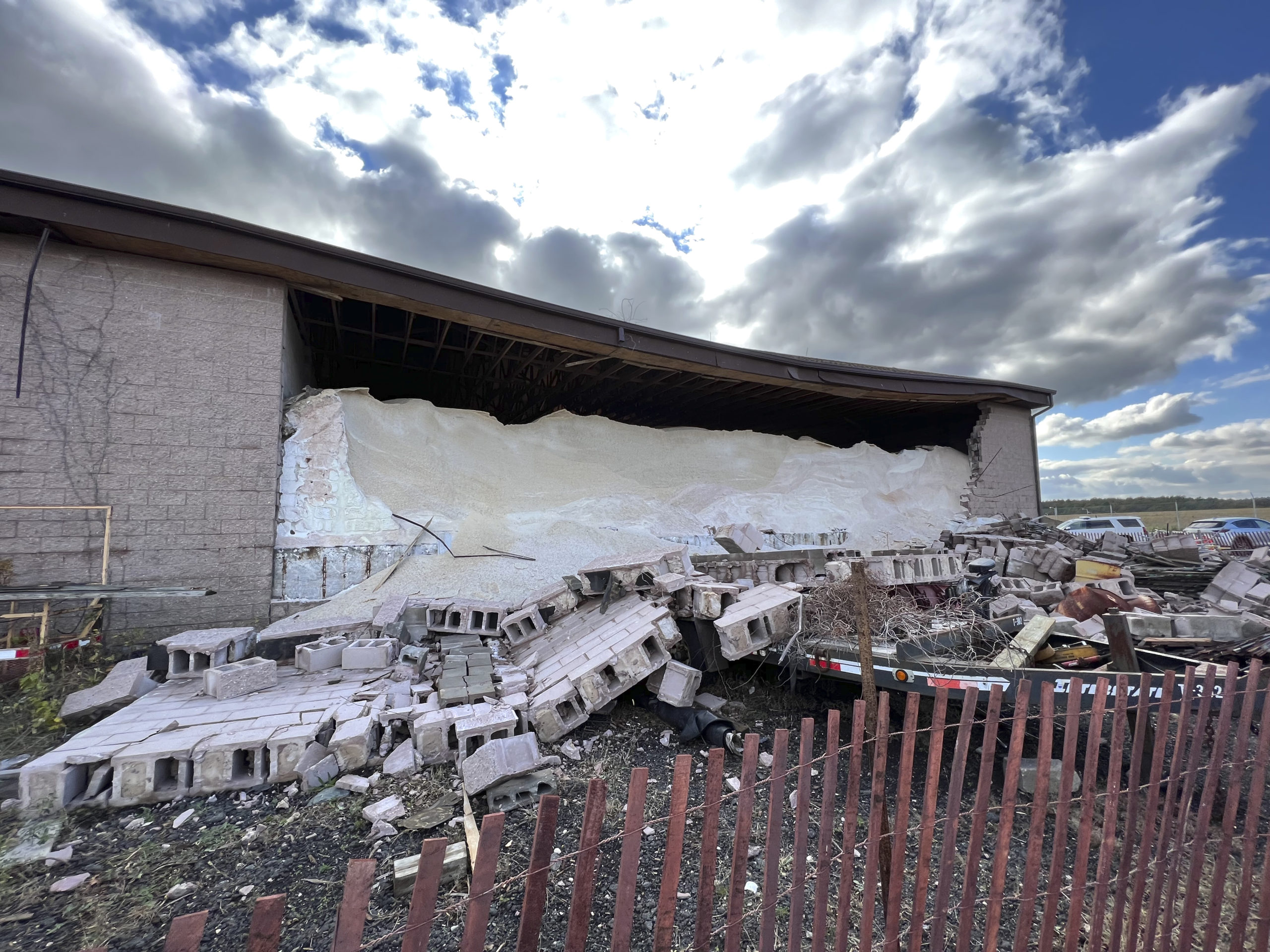 The Suffolk County DPW yard and salt barn in Westhampton which sustained significant damage from a confirmed tornado on Saturday leaving it structurally unsound.      DANA SHAW