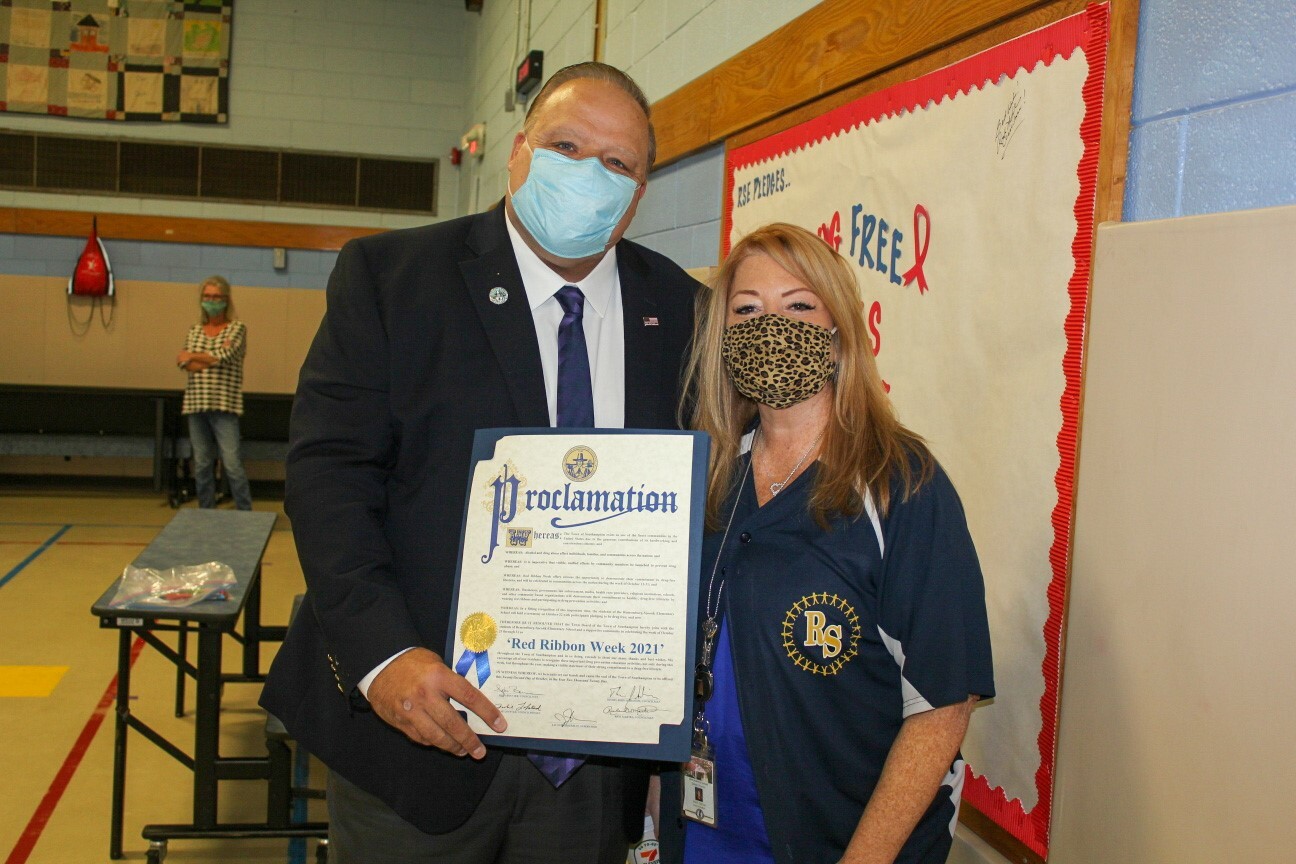 Students at Remsenburg Speonk Elementary School participated in Red Ribbon Week activities, in which the committed to a drug-free lifestyle. During the day's events, Southampton Town Councilman Rick Martel presented a proclamation honoring Red Ribbon Week.