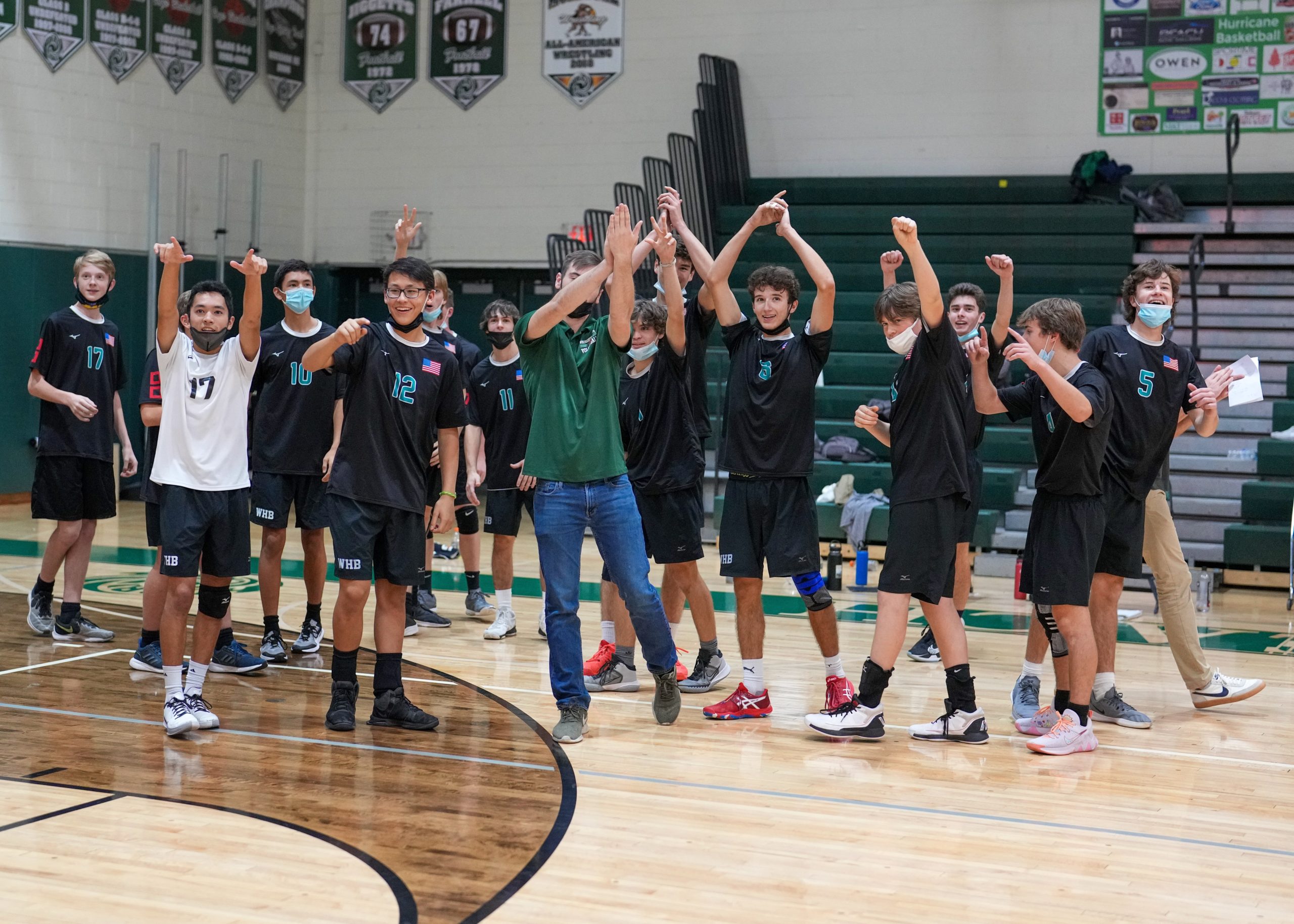 The Westhampton Beach boys volleyball team thanks its fans following a 3-0 sweep of Hauppauge in the Suffolk County Division II semifinals. RON ESPOSITO