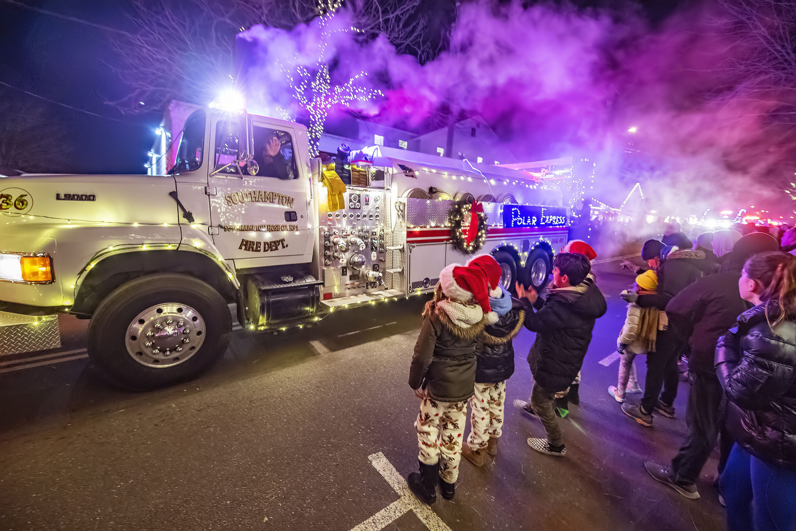 The Southampton Fire Department's tanker truck was transformed into the Polar Express during the 2021 Parade of Lights along Jobs Lane on Saturday night. MICHAEL HELLER