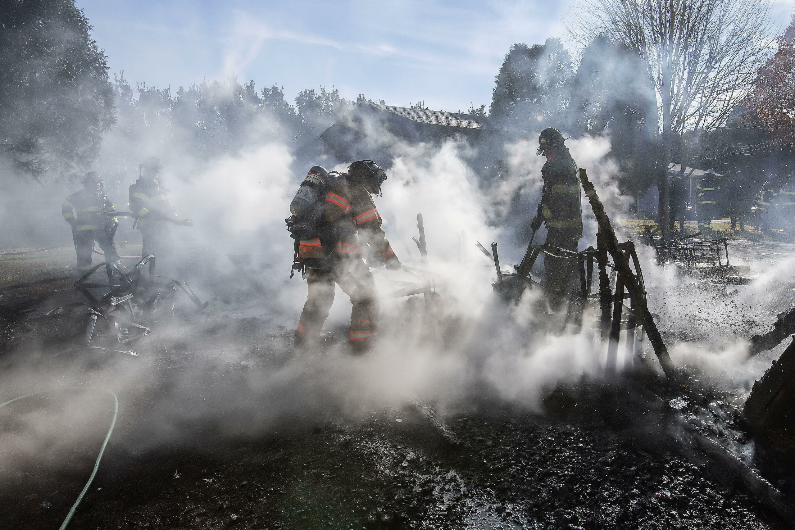 Firefighters doused a fire that destroyed an outbuilding at Apple Wild Farm in Bridgehampton on Wednesday, December 1. 