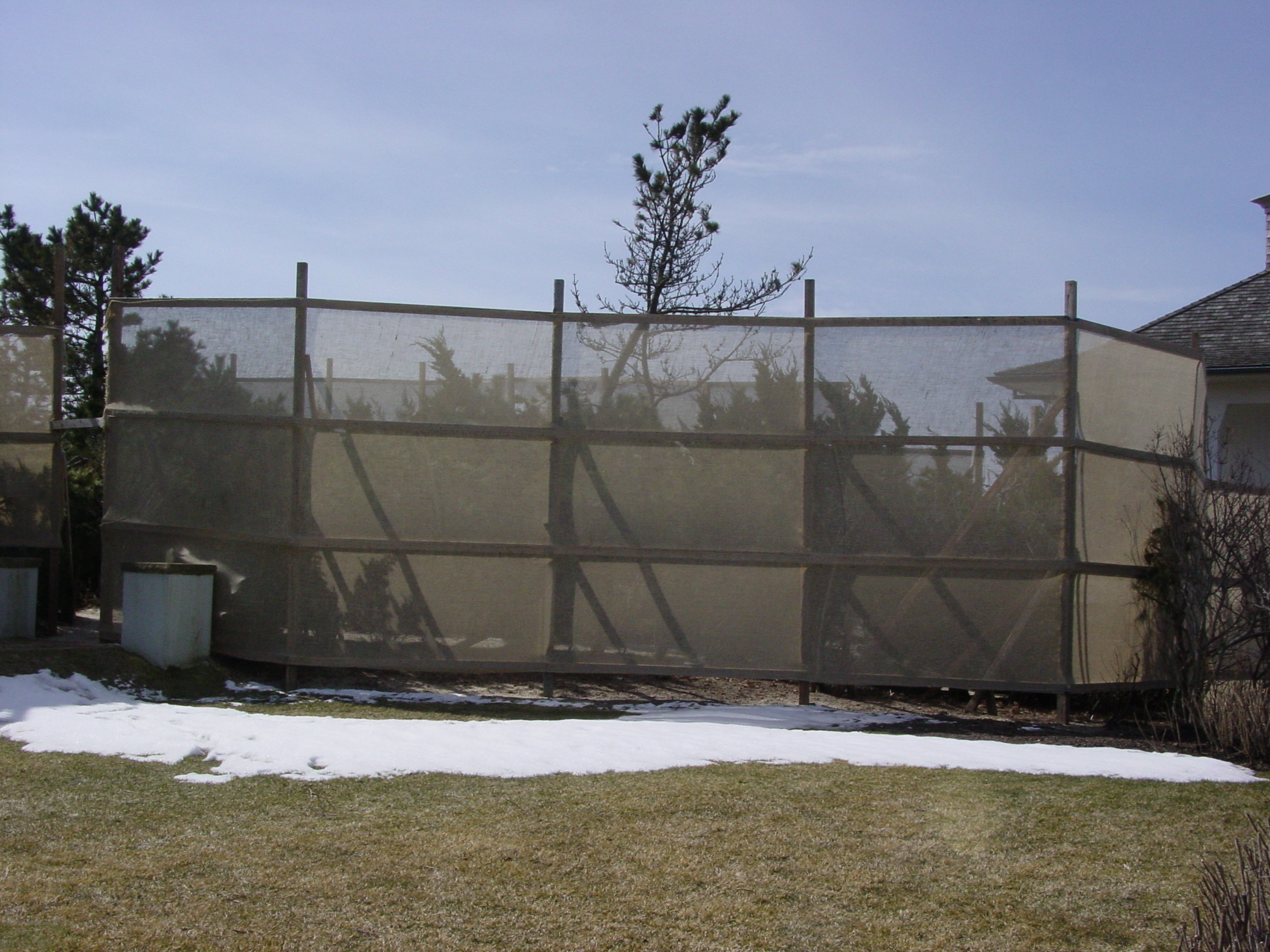 Cold, snow and ice are only a few other winter issues. Strong, dry winds from the north and west can desiccate and burn many evergreens. These screens are installed early every winter to deflect the wind and reduce the winter damage.