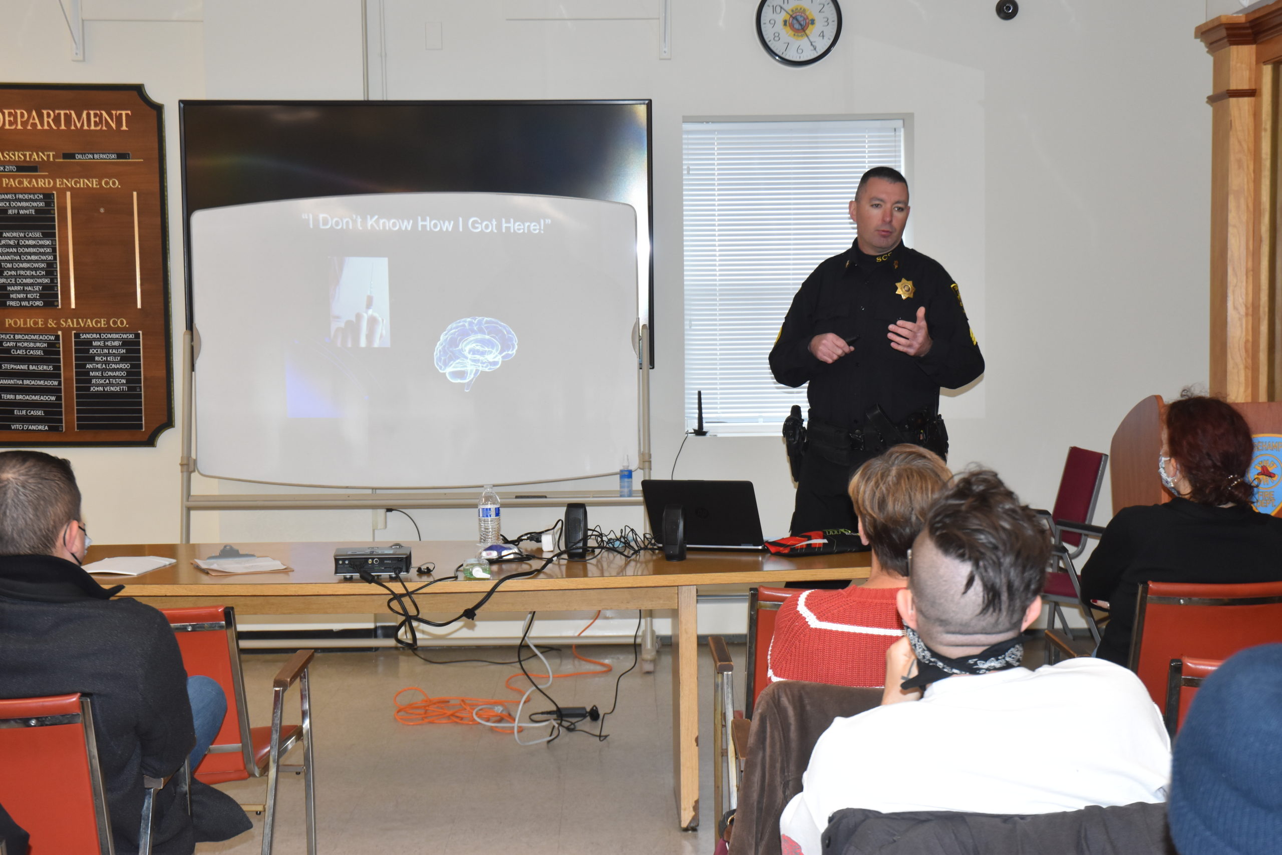Sgt. William Weick of the Suffolk County Sheriff's Office leads a Narcan training session at the Bridgehampton Firehouse.