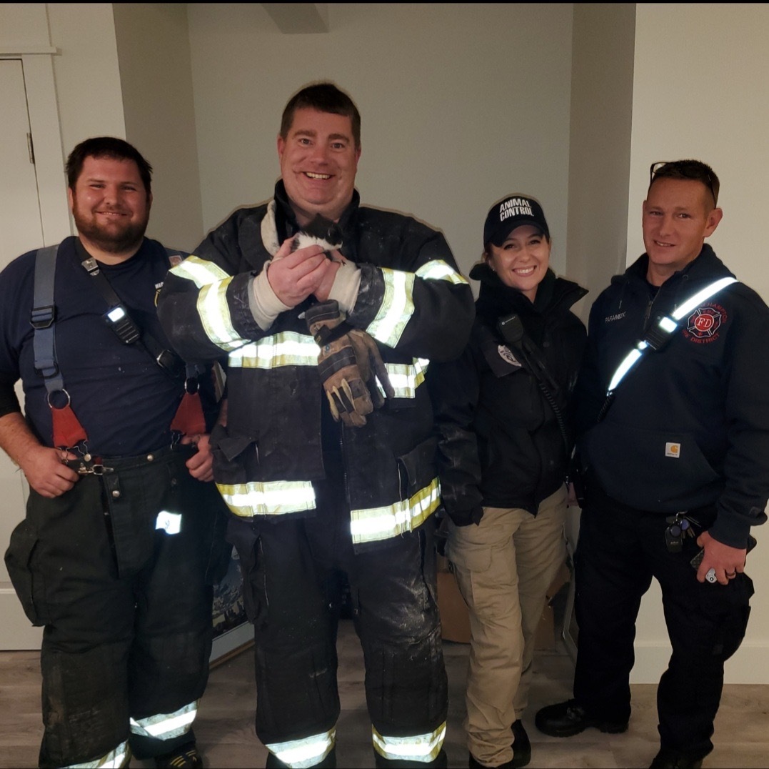 Bridgehampton firefighters and Southampton Town Animal Control officers with a kitten that was rescued December 7 from the dryer vent of a house in Water Mill.