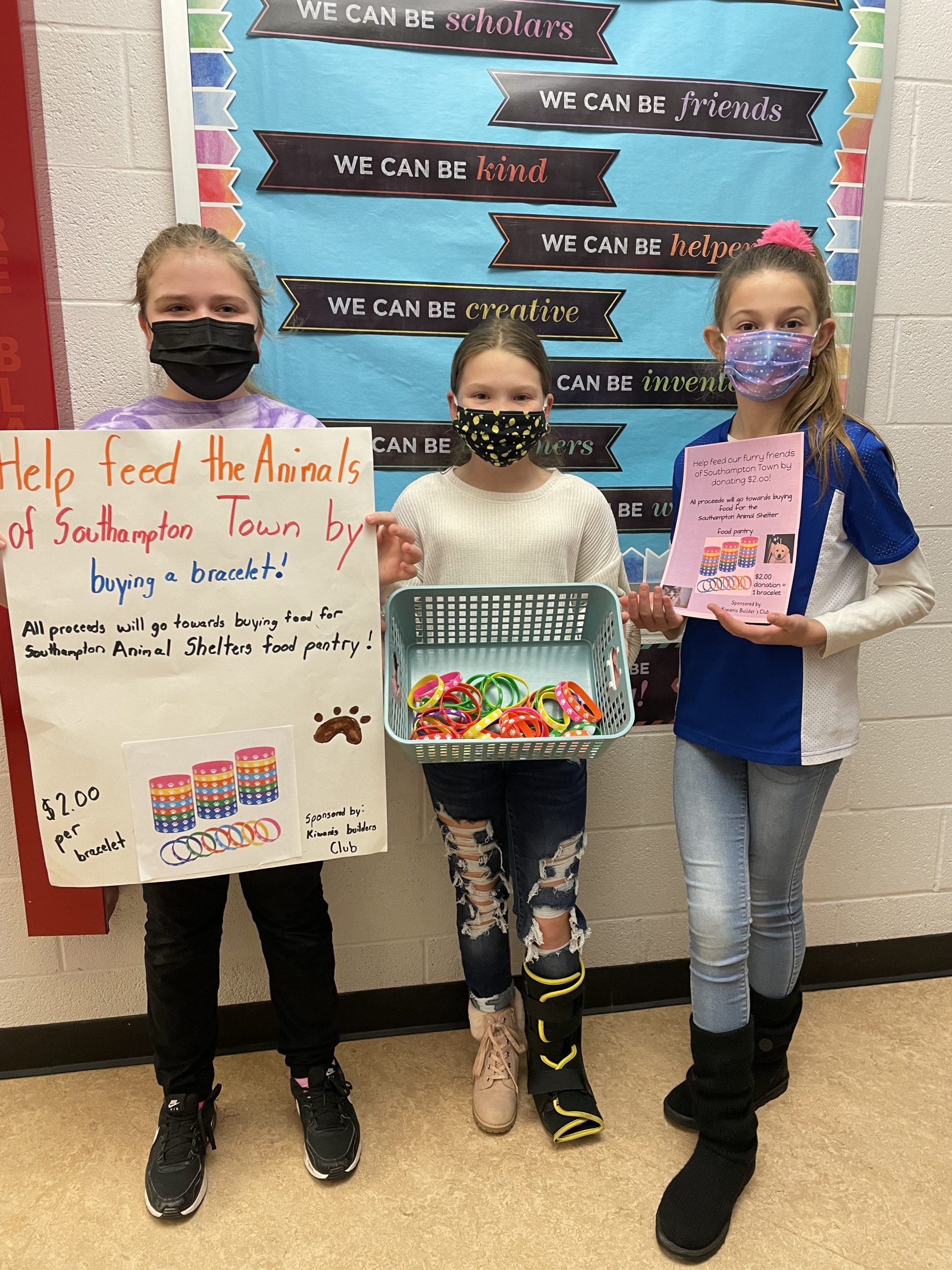 Throughout January,  members of the Hampton Bays Middle School Kiwanis Builder’s Club are raising money for  the Southampton Animal Shelter. Under the direction of advisers Erica Hayes and Jamie Huebner, the students are selling $2 paw print bracelets. The proceeds will go toward restocking the animal shelter’s food pantry.