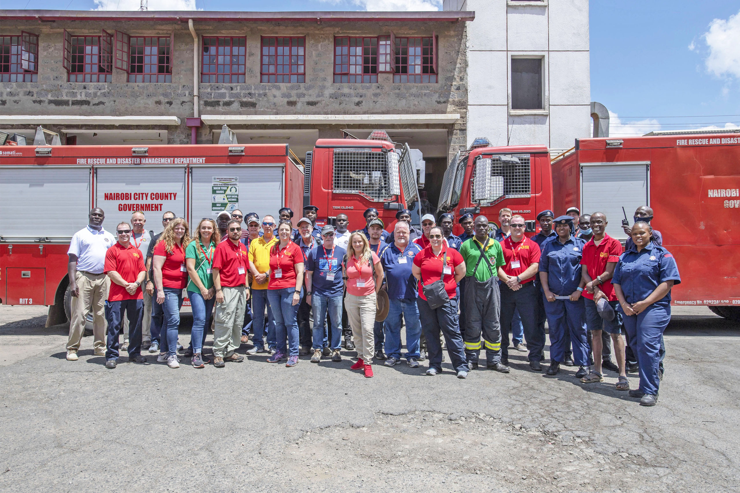 American firefighters shared information and ladder rescue training with members of the Kenyan Fire Service at the Enterprise Road Substation fire station in Nairobi, Kenya, as part of an Africa Fire Mission trip in November.