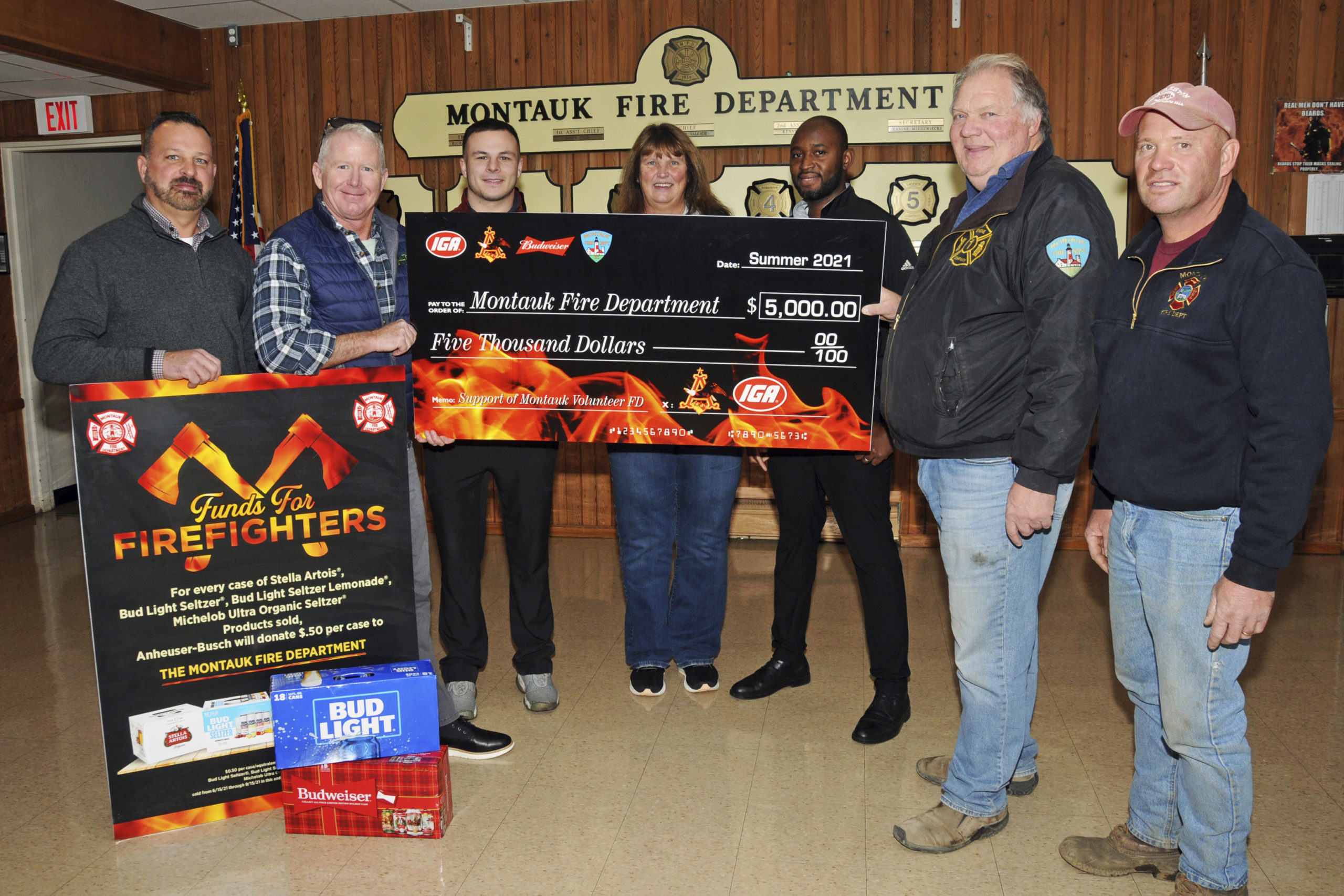 On December 7, Personnel from the IGA, Anheuser-Busch and Clare Rose Distributors presented a check to the Montauk Fire Department from their 
