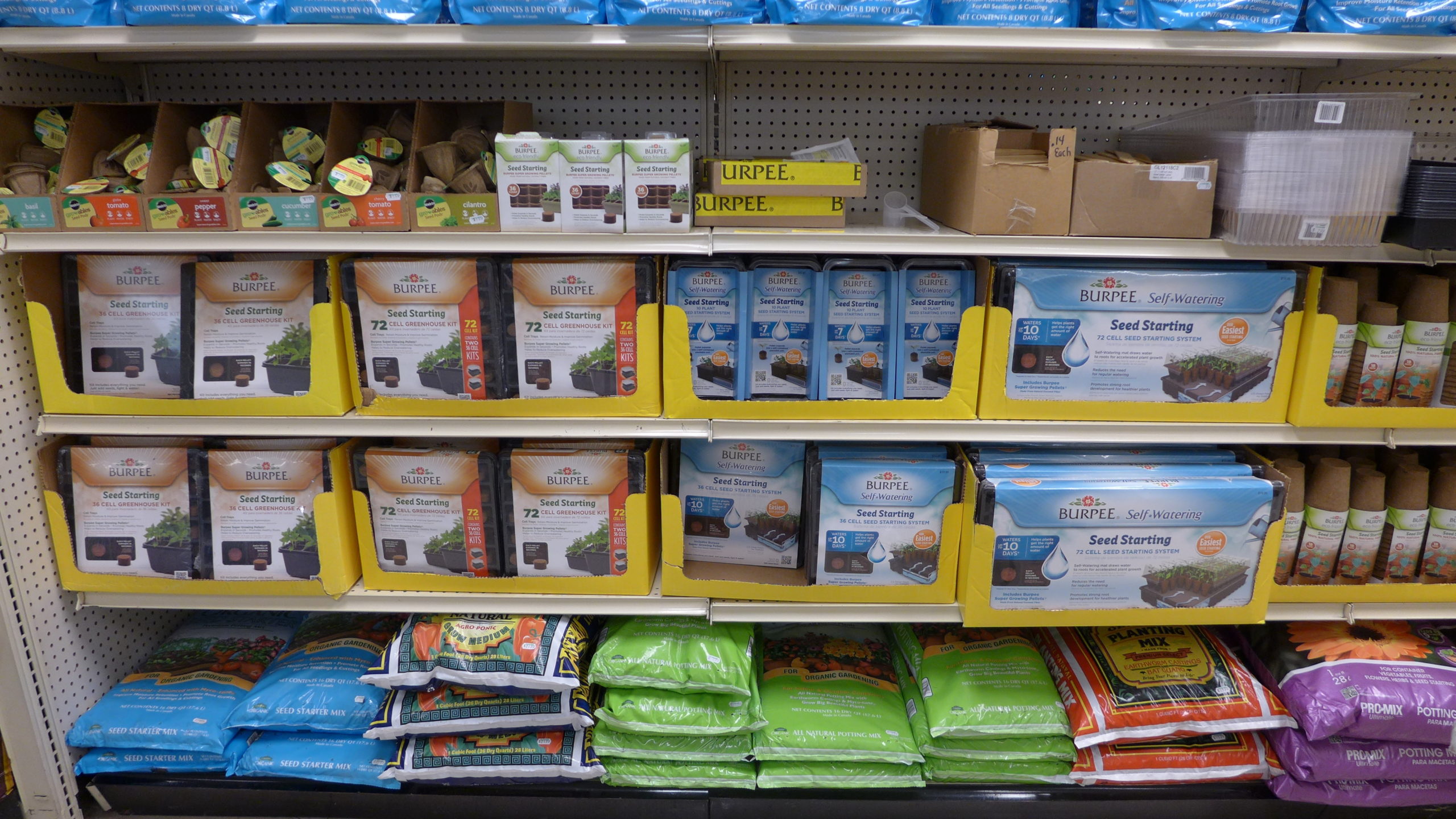 A well-stocked garden center will have a number of seed starting kits. Some are just seed flats with plastic domes, while others come complete with peat pellets or pots.