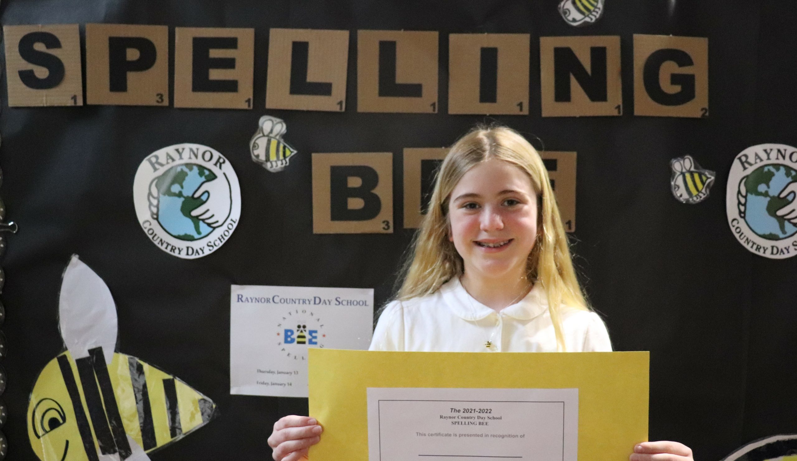 Sixth-grader  Rebecca Bartha is the 2022 Spelling Bee Champion at the Raynor Country Day School's Scripp's National Spelling Bee on Friday, January 14.  Rebecca will go on to represent the school at the regional level.