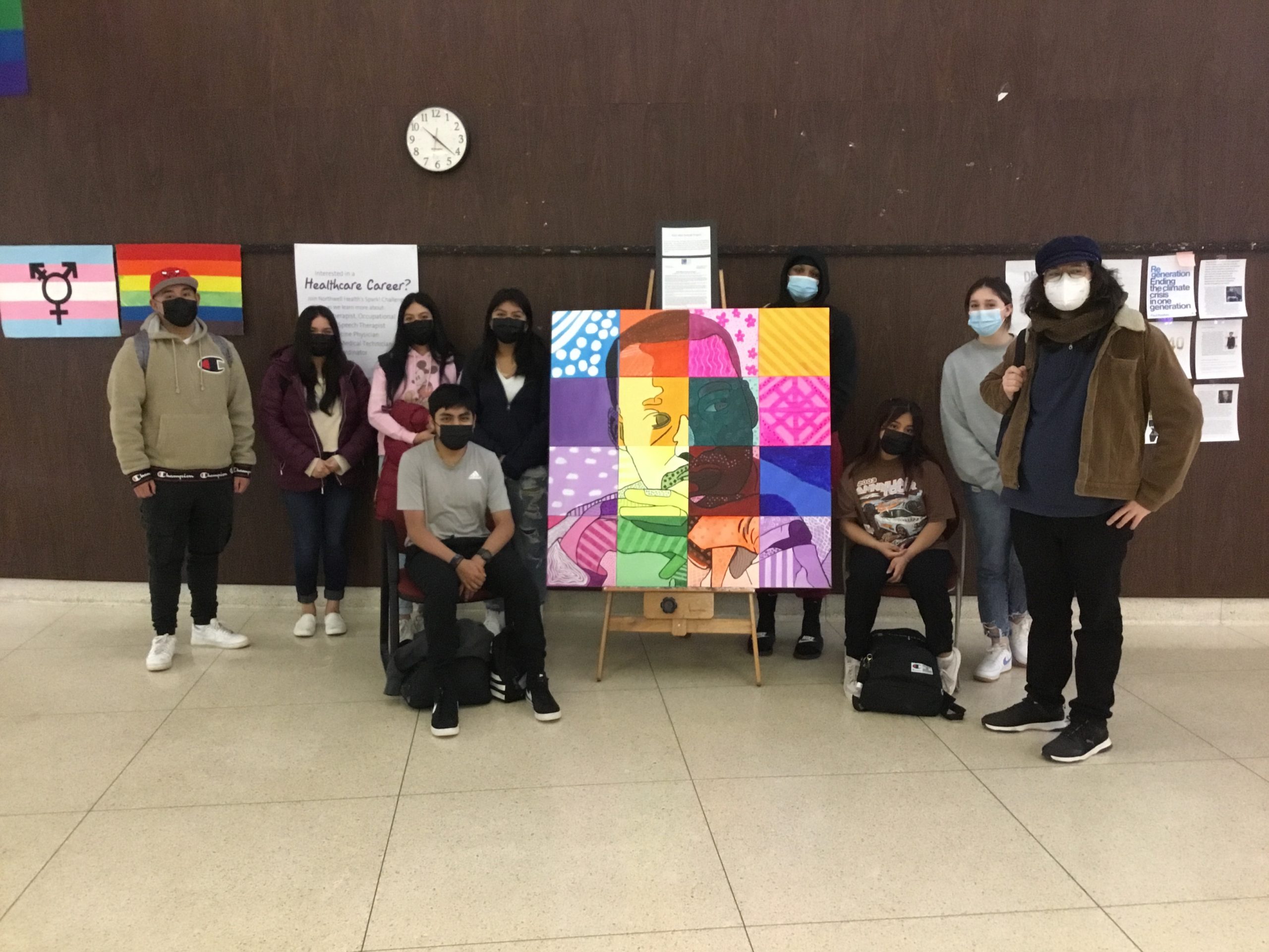 In honor of Dr. Martin Luther King Jr., Southampton High School mural
painting/set design students worked collaboratively to paint two mosaic-style portraits of the late civil rights leader. They each painted 12-inch-square canvases that were combined to form a finished 4-foot-square portrait. One of the portraits will be displayed at Southampton High School, while the other will be featured in the Parrish Art Museum’s
2022 Student Exhibitions in the spring. The initiative is part of the East End Arts and
Humanities Council’s 2022 East End Arts MLK Portrait Project, which included 11 East End
schools.