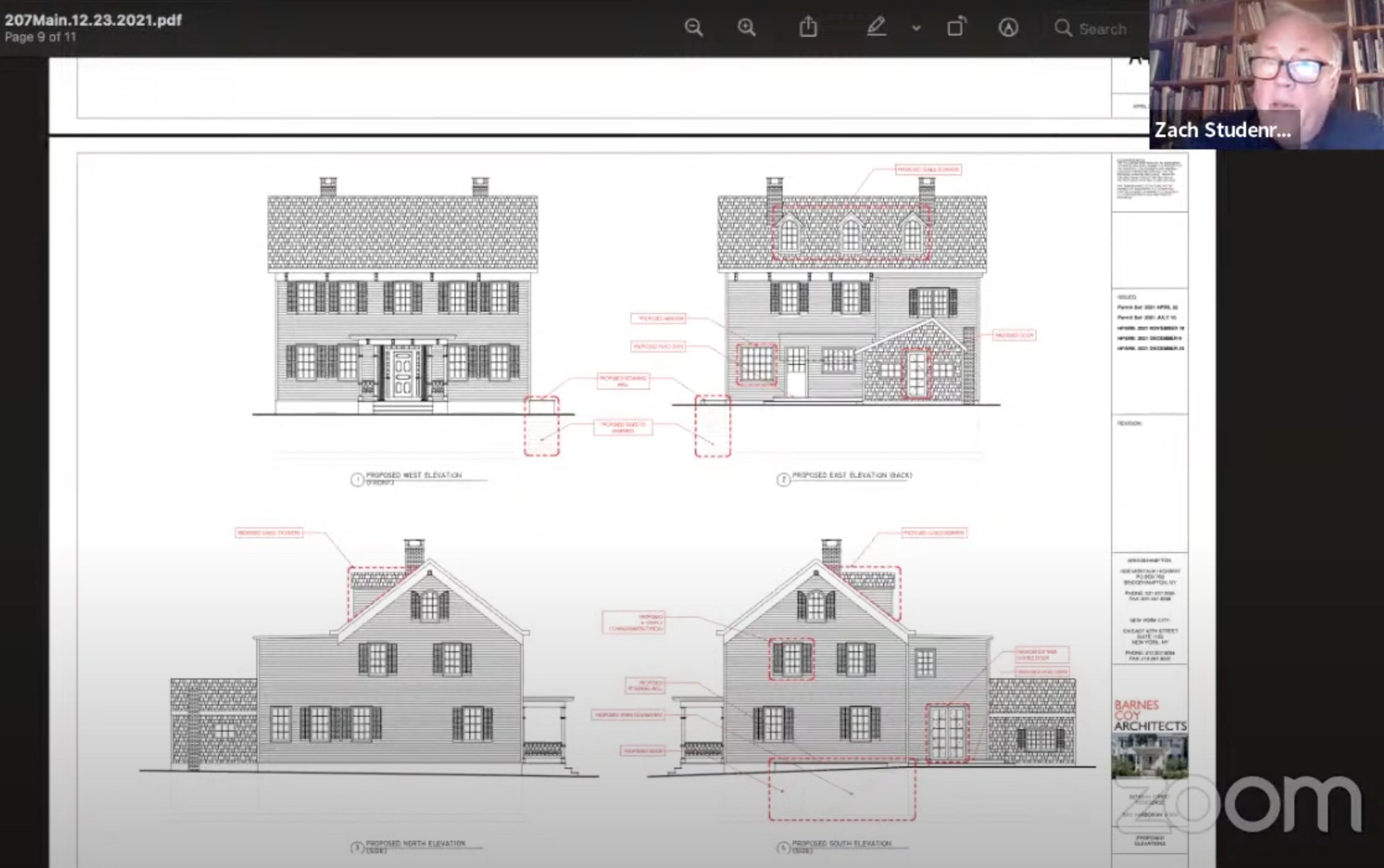 Architect Christopher Coy’s elevation of 207 Main Street with 6-over-6 window sashes in a screen shot from the December 23 Zoom meeting of the Sag Harbor Historic Preservation and Architectural Review Board. The inset shows Zachary Studenroth, the board’s historic architectural consultant.