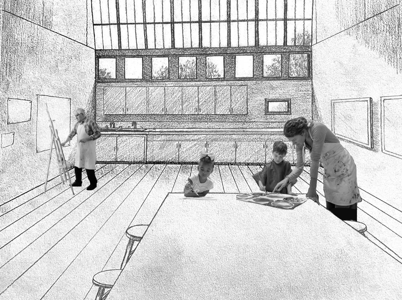 A rendering by artist Scott Bluedorn of how he imagines a workshop space could look in the former studio of painters James Brooks and Charlotte Park. SCOTT BLUEDORN