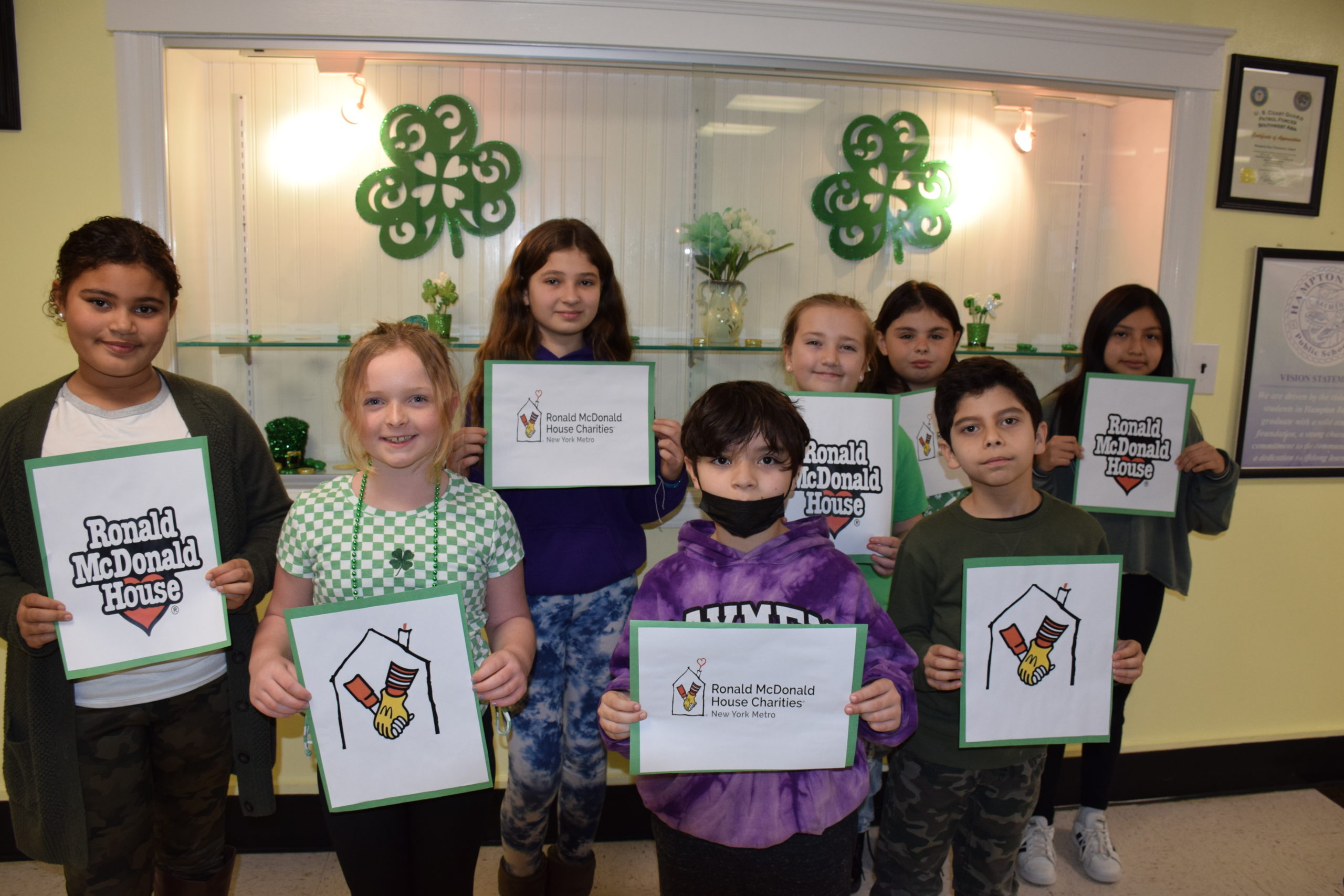 Hampton Bays Elementary School’s community service club, K-Kids, recently donated $100 to the Ronald McDonald House as part of a St. Patrick’s Day-themed fundraiser. To raise the funds, the students sold four-leaf clover necklaces during their lunch periods. The fundraiser is just one of several that the K-Kids have participated in this year; they've also raised money for breast cancer and autism charities.